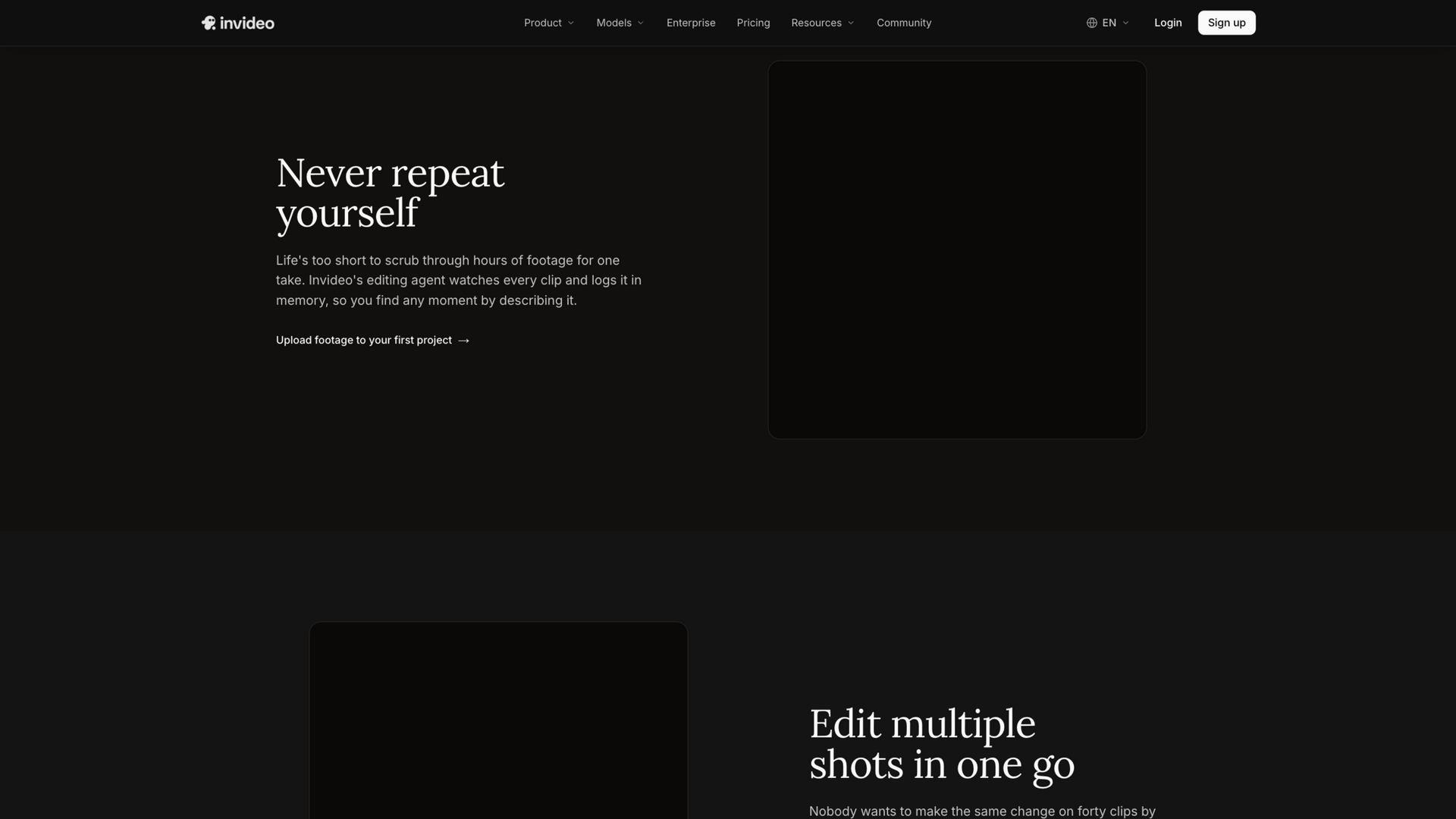 invideo.io · 首页 agent 能力区(Never repeat yourself)2026-10-02