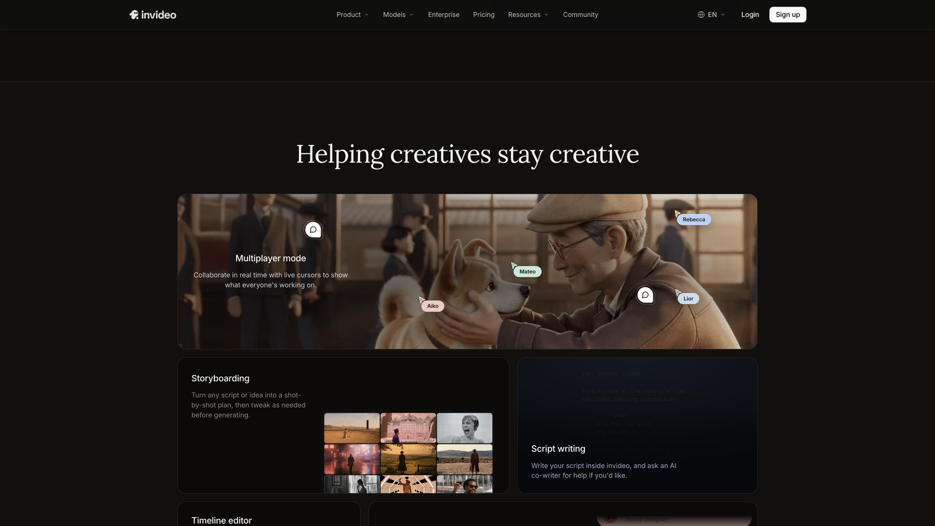 invideo.io · 首页功能卡区(Helping creatives stay creative)2026-10-02