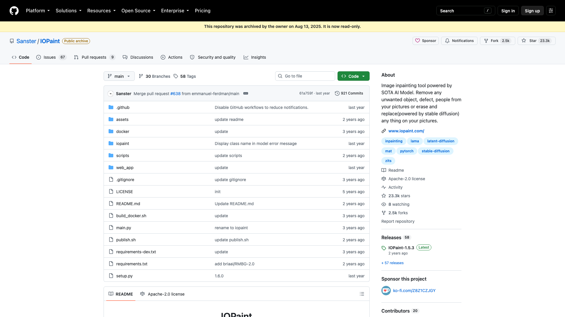 github.com/Sanster/IOPaint · 仓库首页快照(官方已归档 read-only)2026-10-04