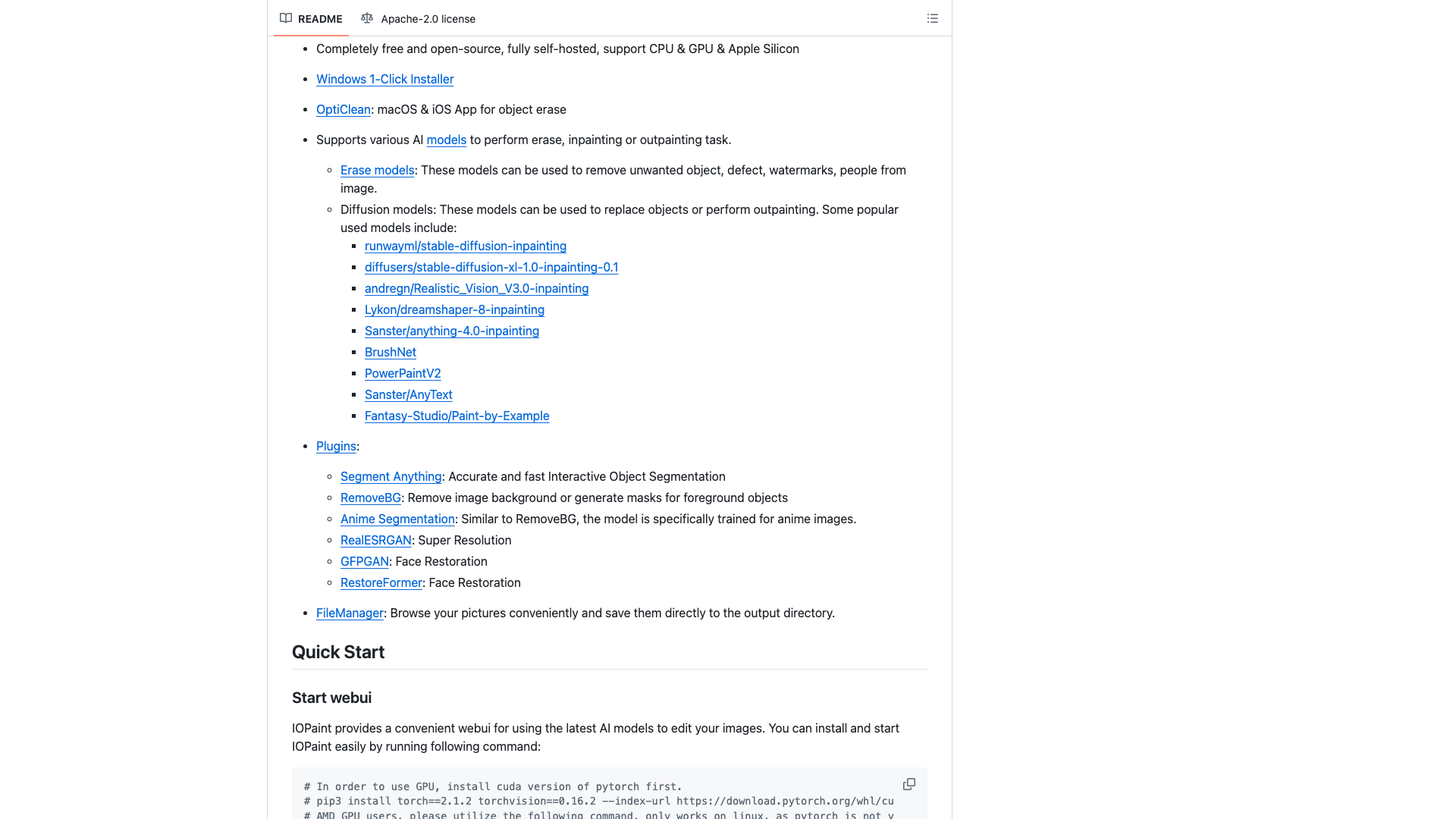 github.com/Sanster/IOPaint · README 功能清单区 2026-10-04