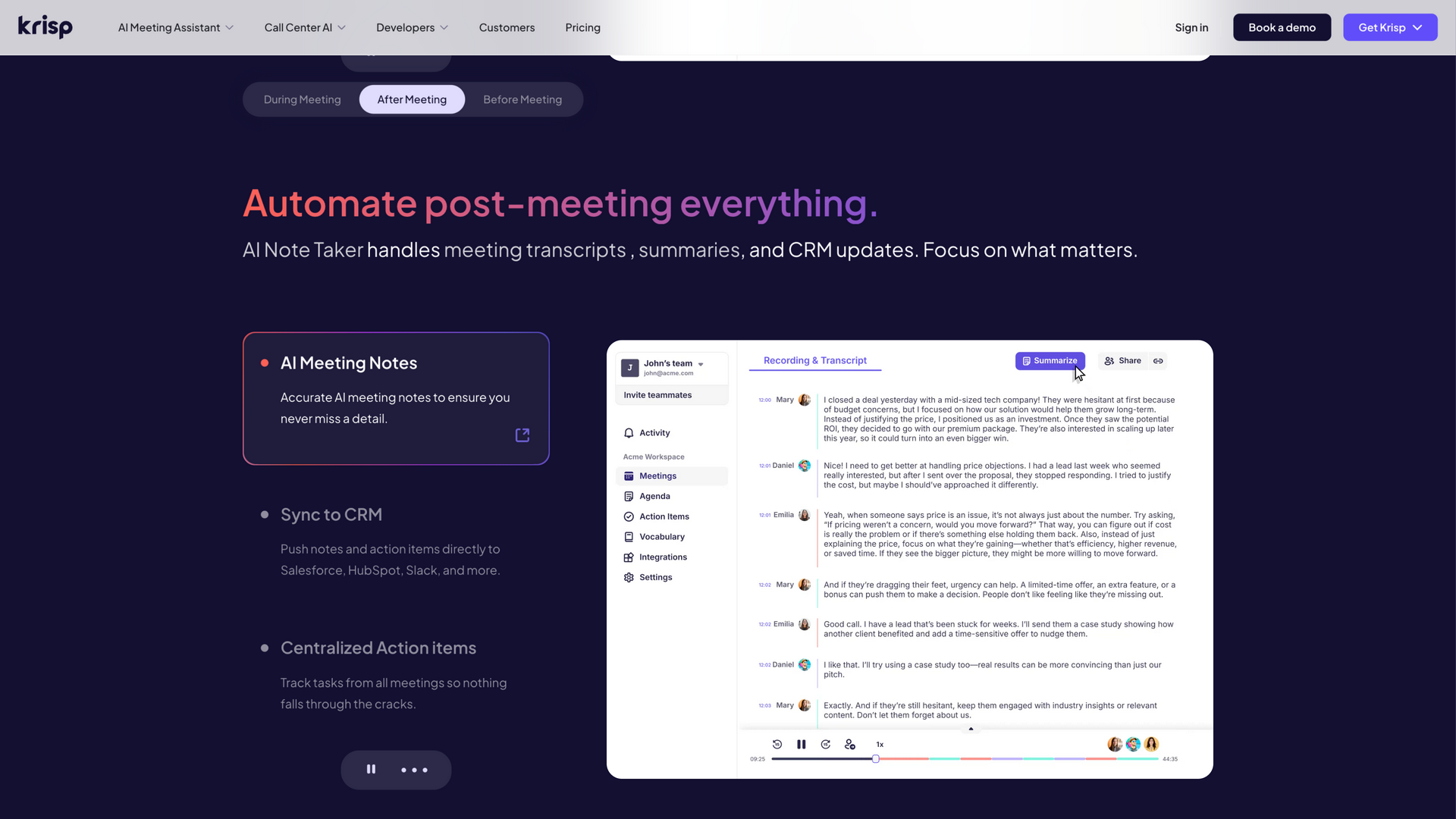 krisp.ai · 首页会后区(AI 纪要、CRM 同步与集中行动项三卡) 2026-10-05