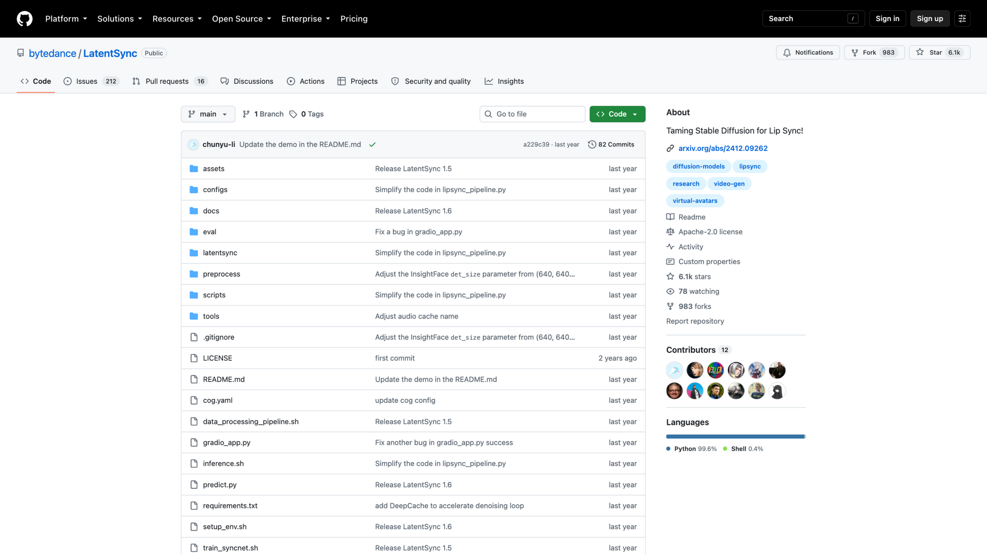 github.com · bytedance/LatentSync 仓库首页快照 2026-10-06