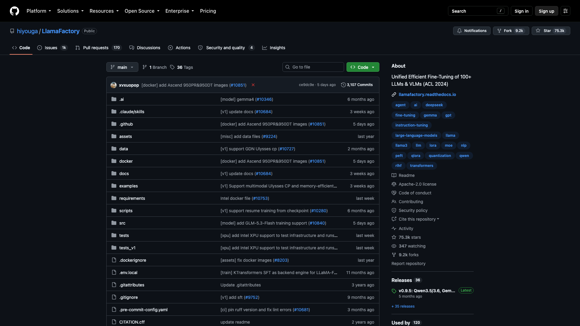 github.com · hiyouga/LlamaFactory 仓库首页快照 2026-10-03