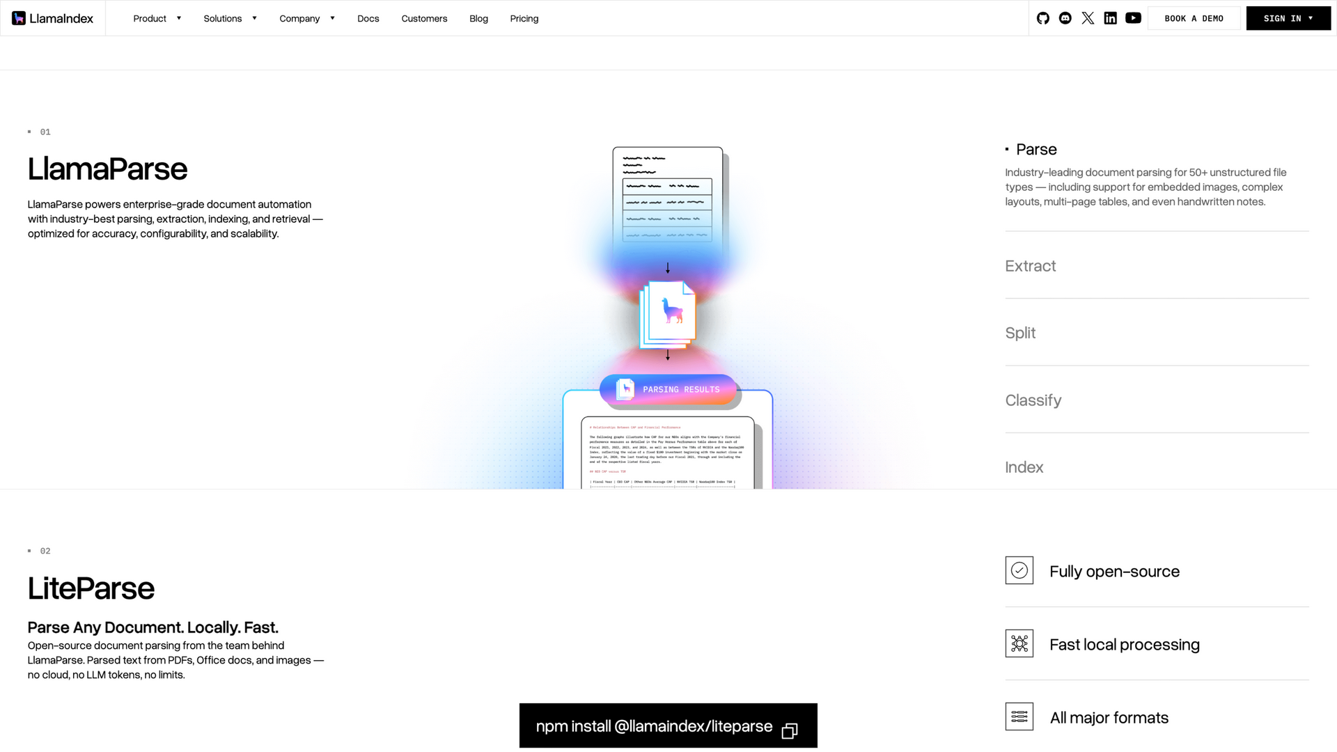 llamaindex.ai · 首页 LlamaParse 产品区(五步处理链路)2026-10-05