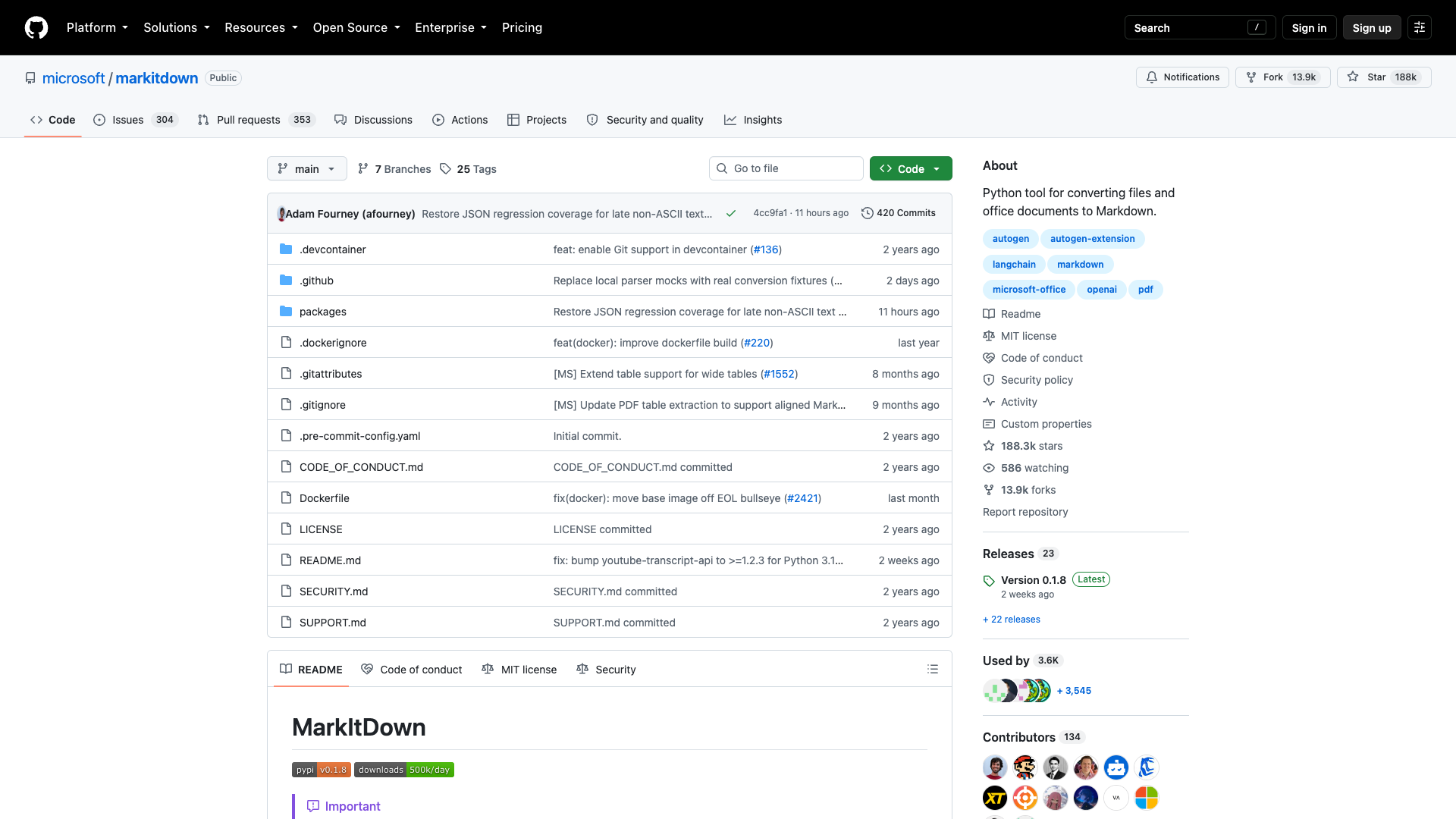 github.com/microsoft/markitdown · 首页快照 2026-10-04