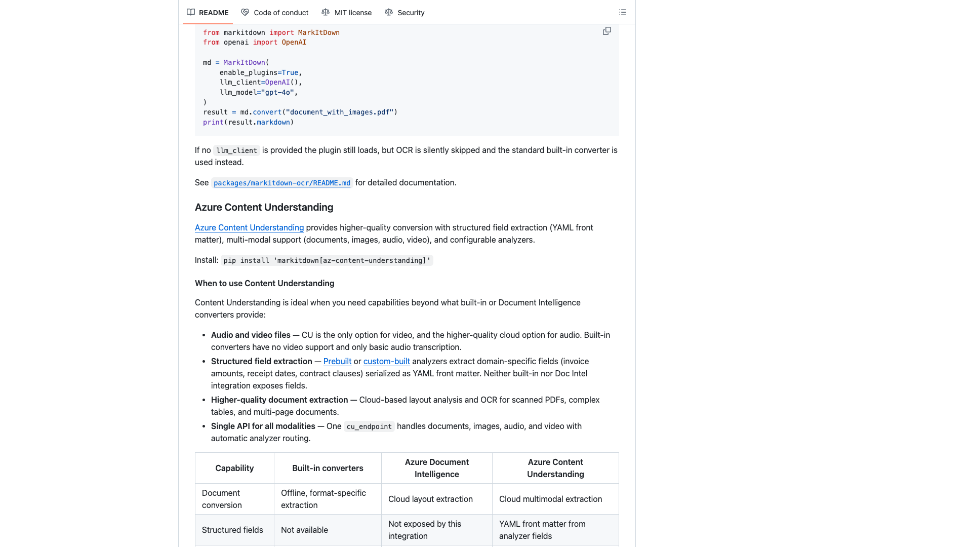 github.com/microsoft/markitdown · README Azure 增强与插件区 2026-10-04