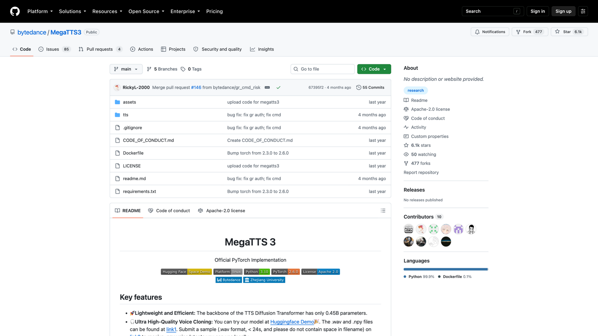 github.com/bytedance/MegaTTS3 · 仓库首页快照 2026-10-06