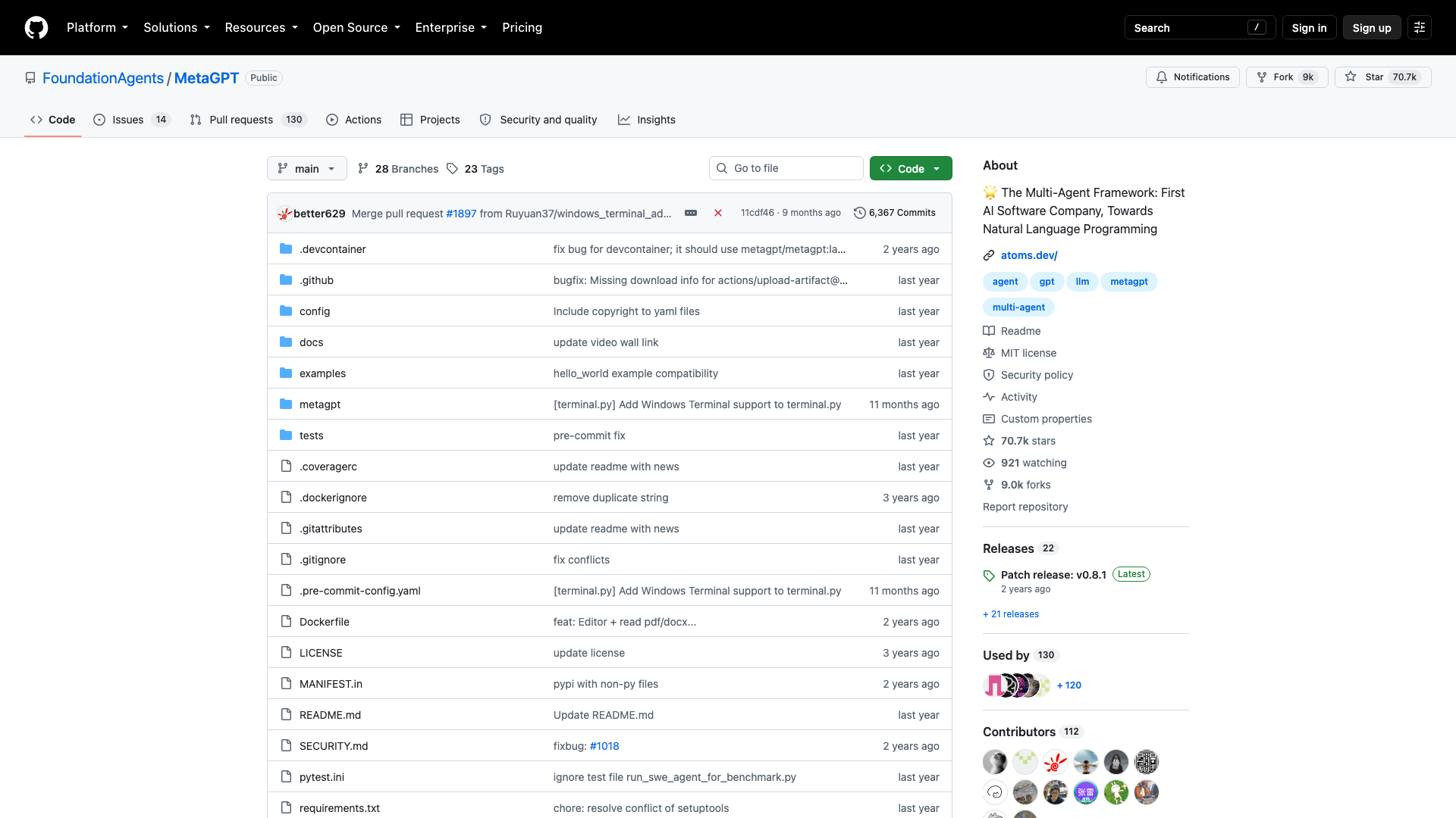 github.com/FoundationAgents/MetaGPT · 首页快照 2026-10-04