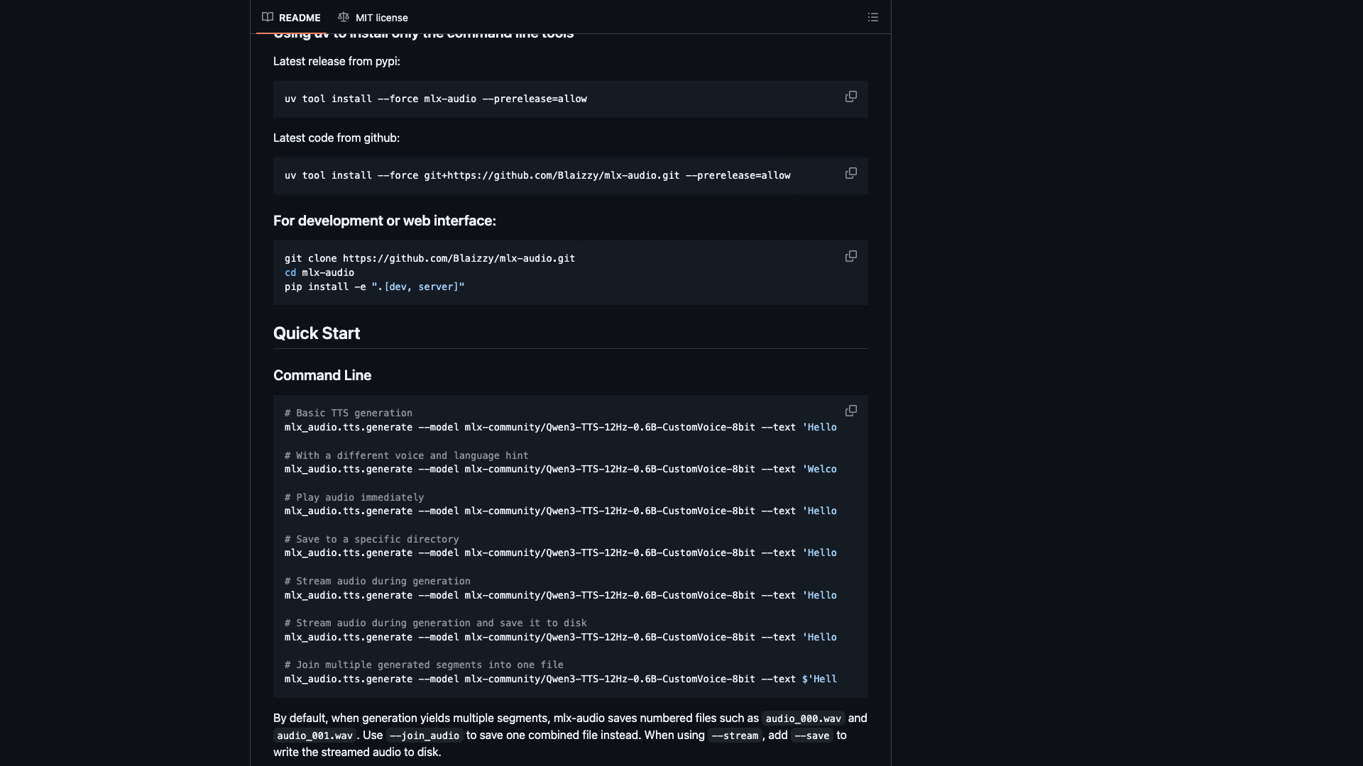 github.com/Blaizzy/mlx-audio · README Quick Start 与命令行生成 2026-10-05