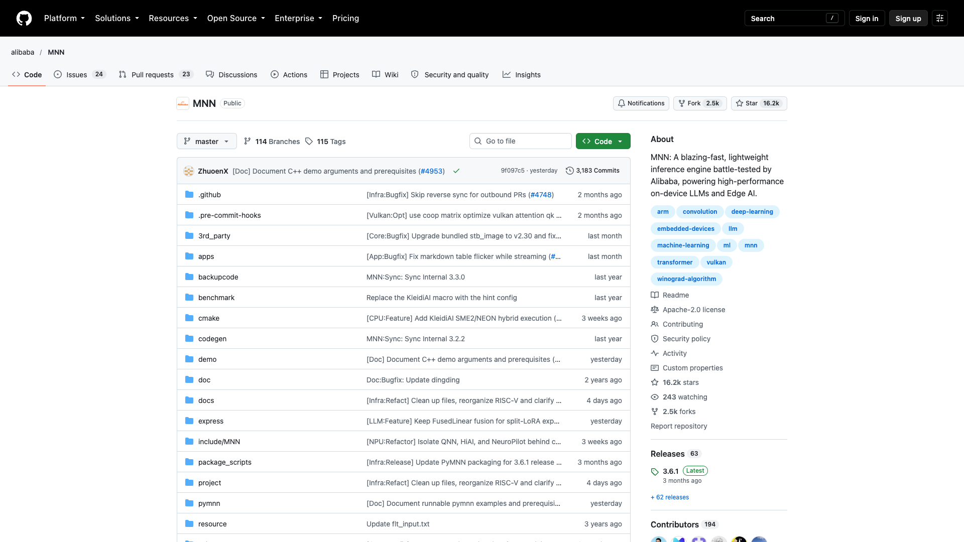 github.com/alibaba/MNN · 仓库首屏 2026-10-14