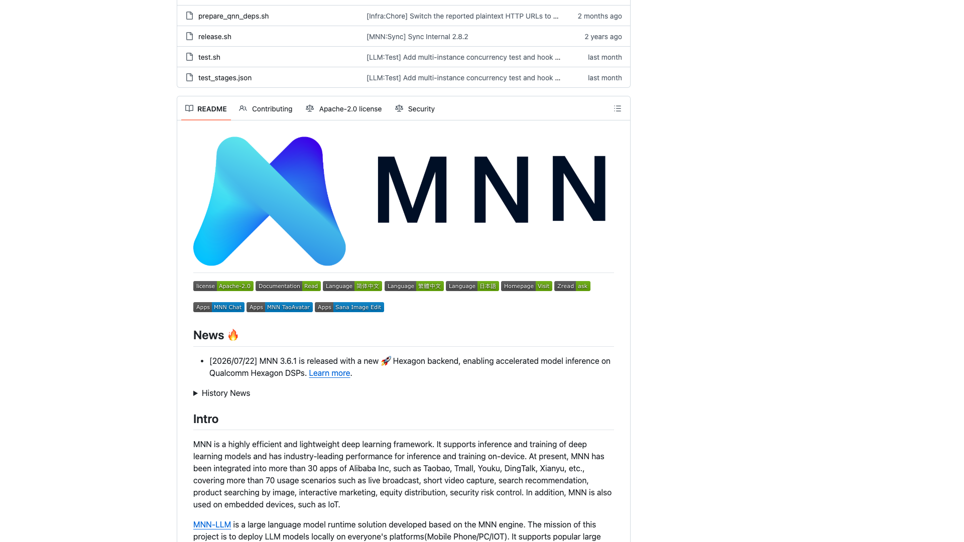 github.com/alibaba/MNN · README 头部:logo、Apps 徽章与 3.6.1 News 2026-10-14