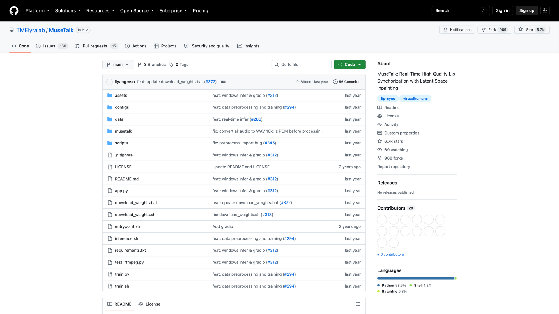 github.com · TMElyralab/MuseTalk 仓库首页快照 2026-10-06