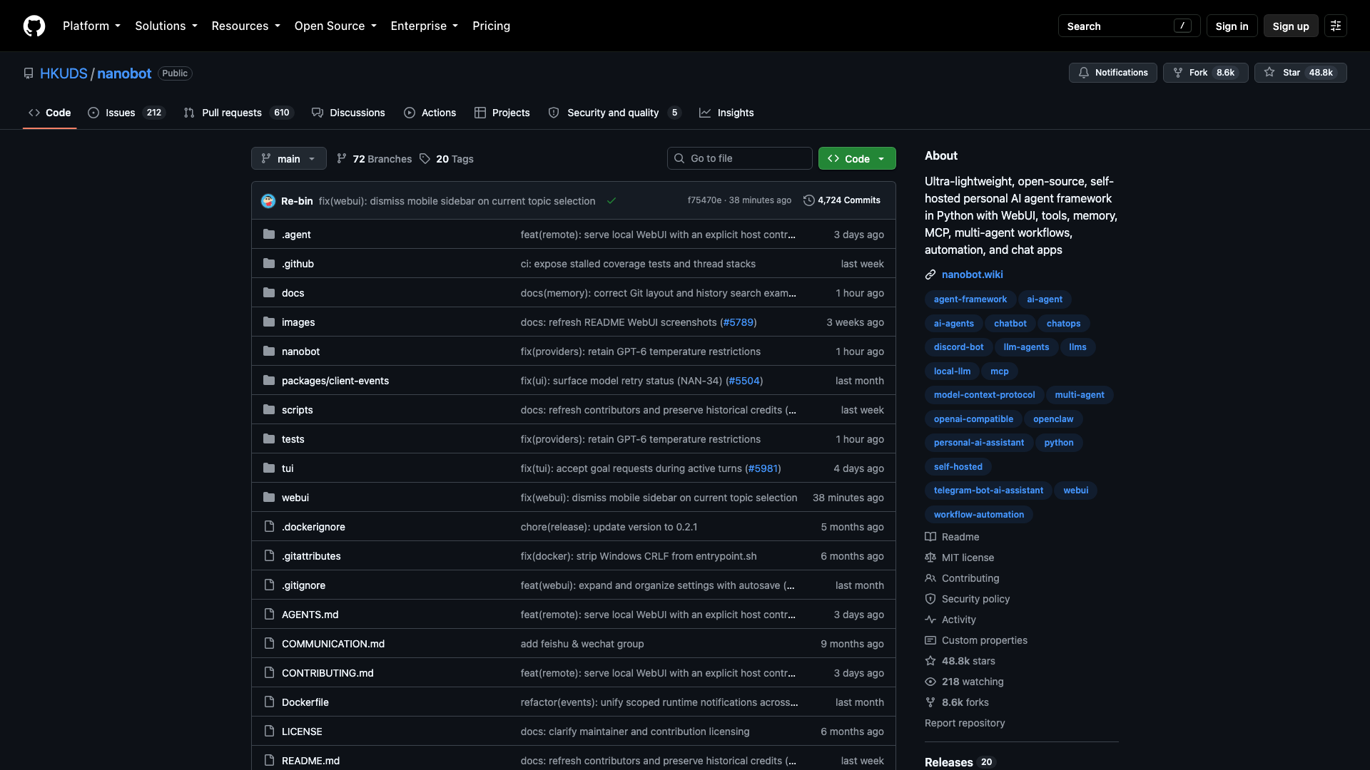 github.com/HKUDS/nanobot · 仓库页 2026-10-05