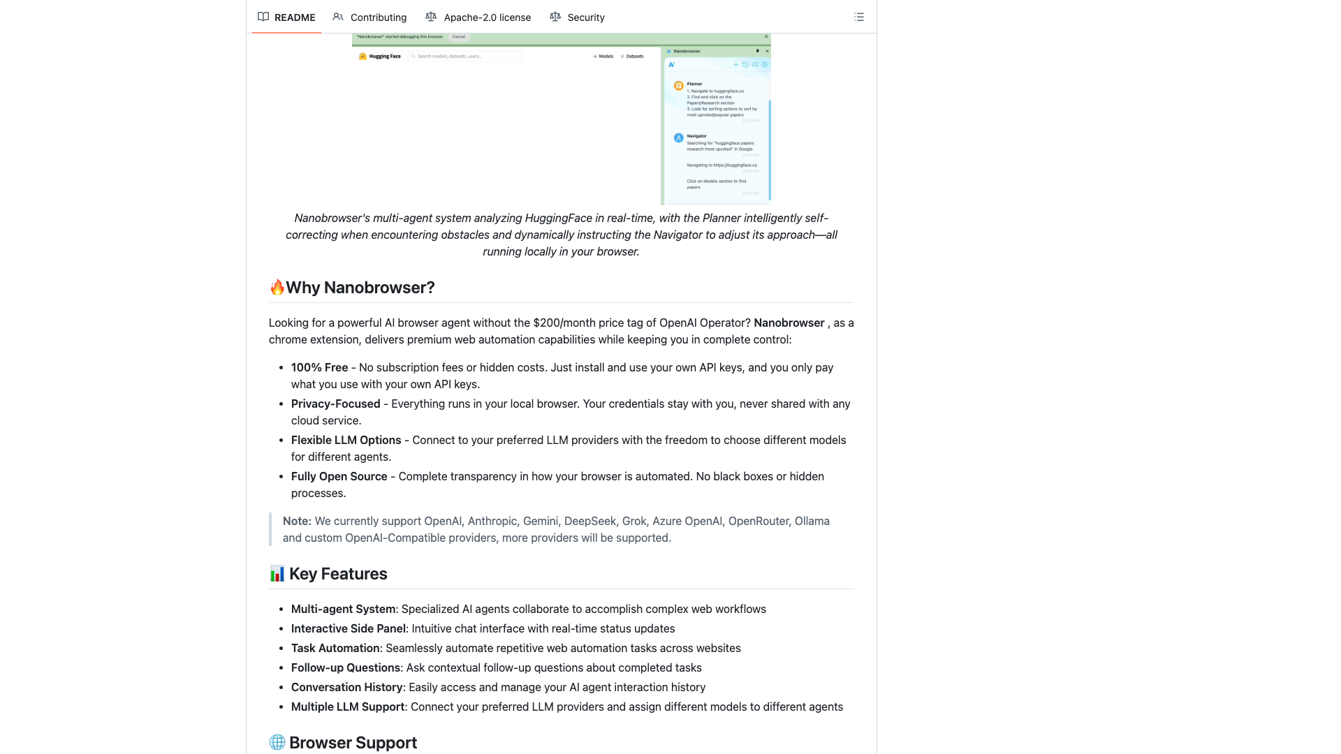 github.com/nanobrowser · README 功能区(Why 与 Key Features)2026-10-05