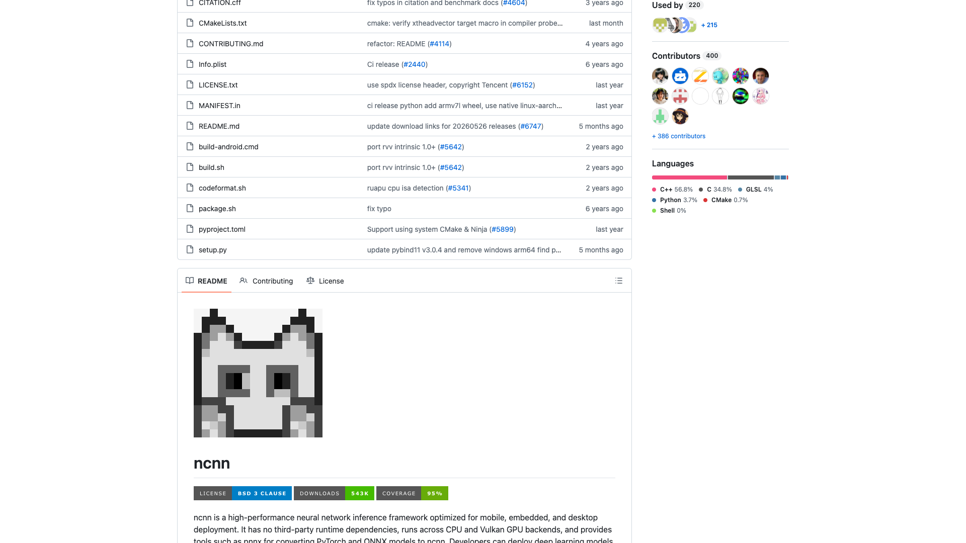 github.com/Tencent/ncnn · README 头部:logo、BSD 3-Clause 与下载量徽章 2026-10-14