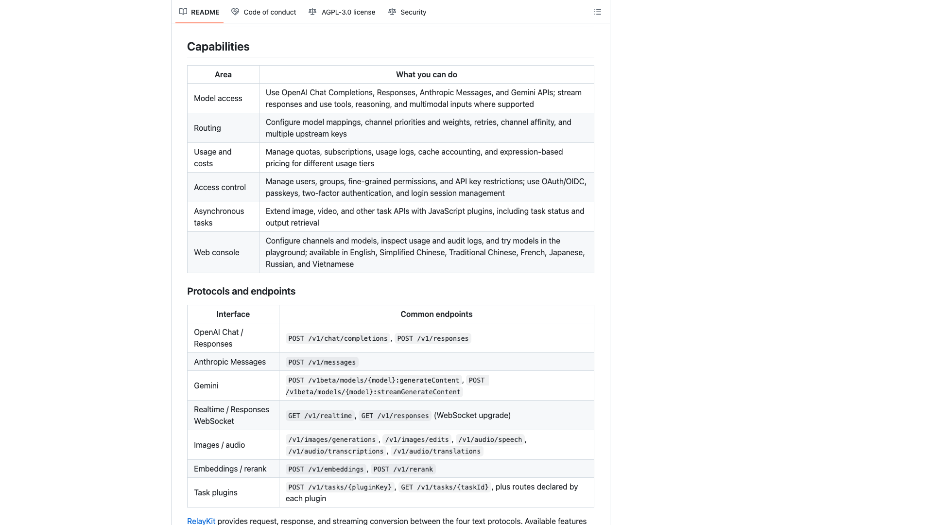 github.com/QuantumNous/new-api · README 能力清单与协议端点区 2026-10-04
