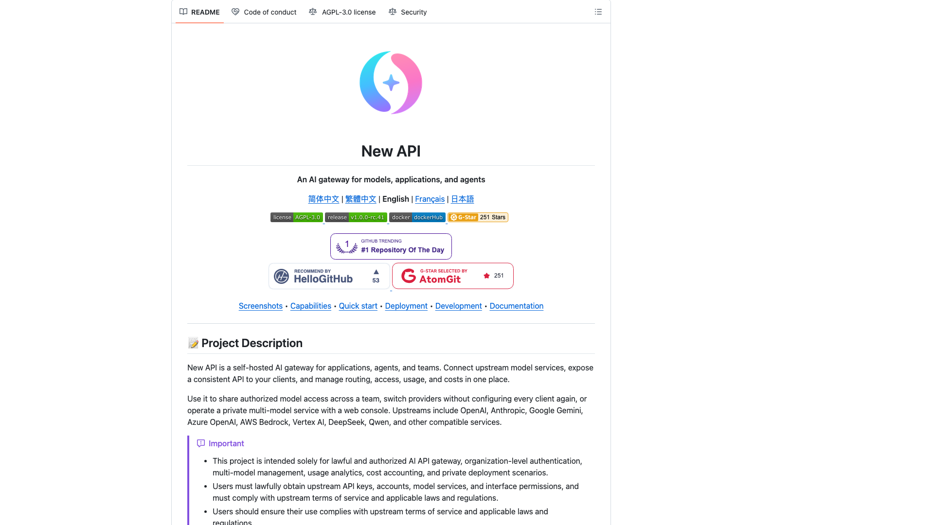 github.com/QuantumNous/new-api · README 标语与项目定位区 2026-10-04