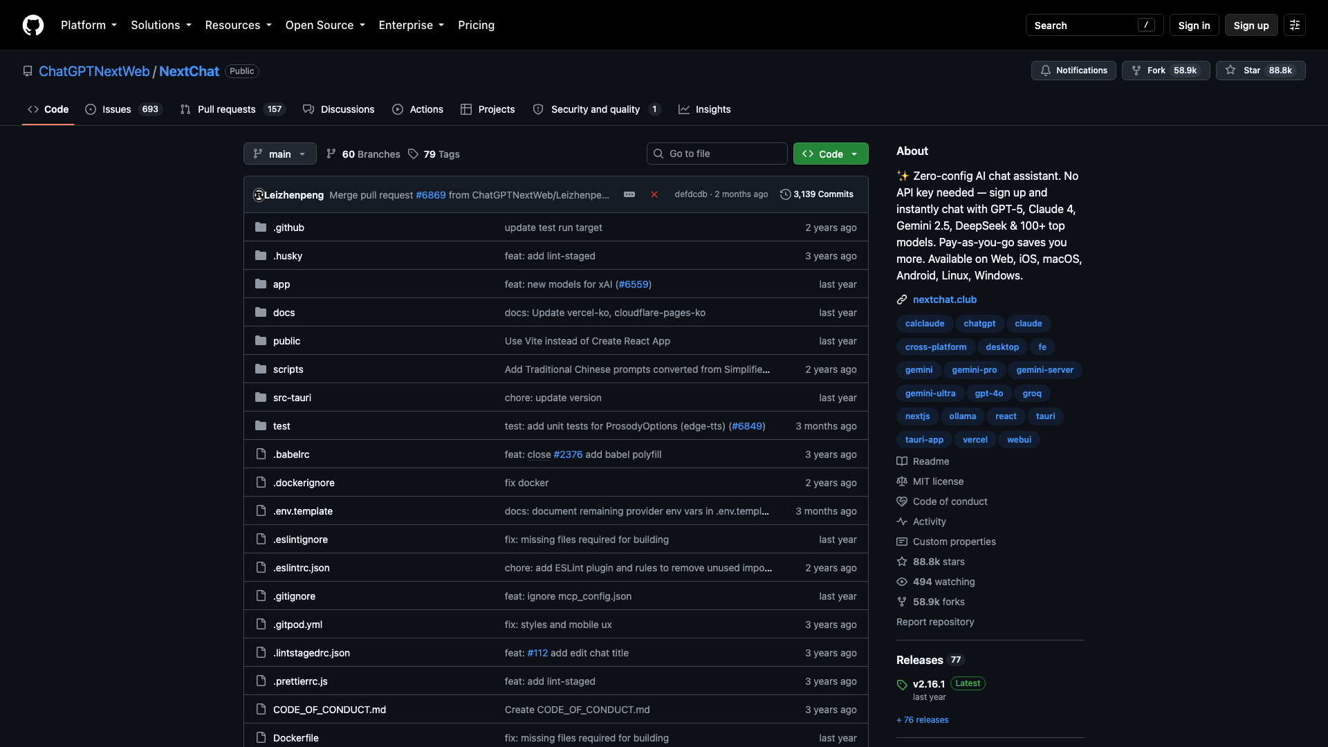 github.com/ChatGPTNextWeb/NextChat · 首页快照 2026-10-03
