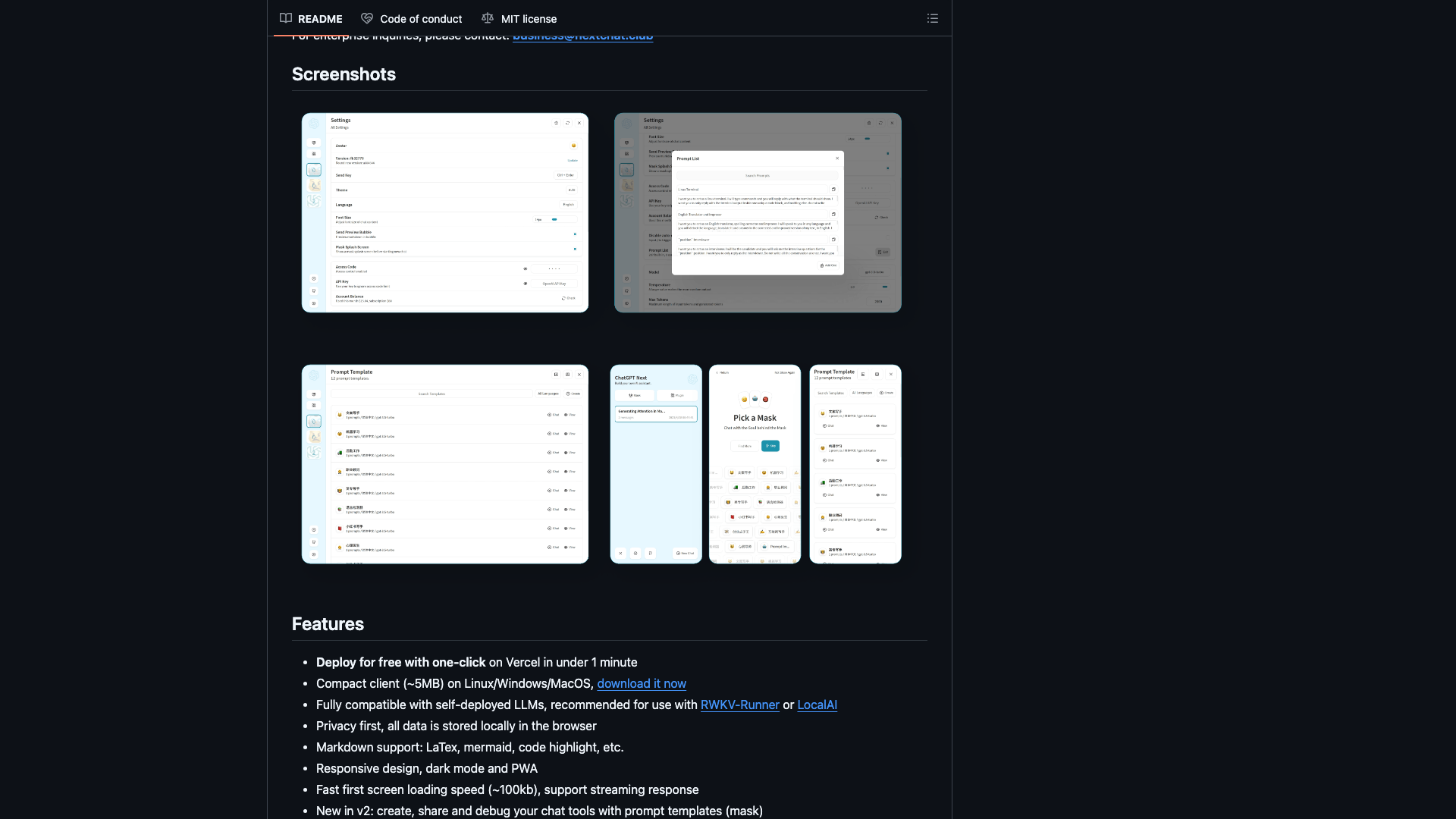 github.com/ChatGPTNextWeb/NextChat · Screenshots 与 Features 列表区 2026-10-03