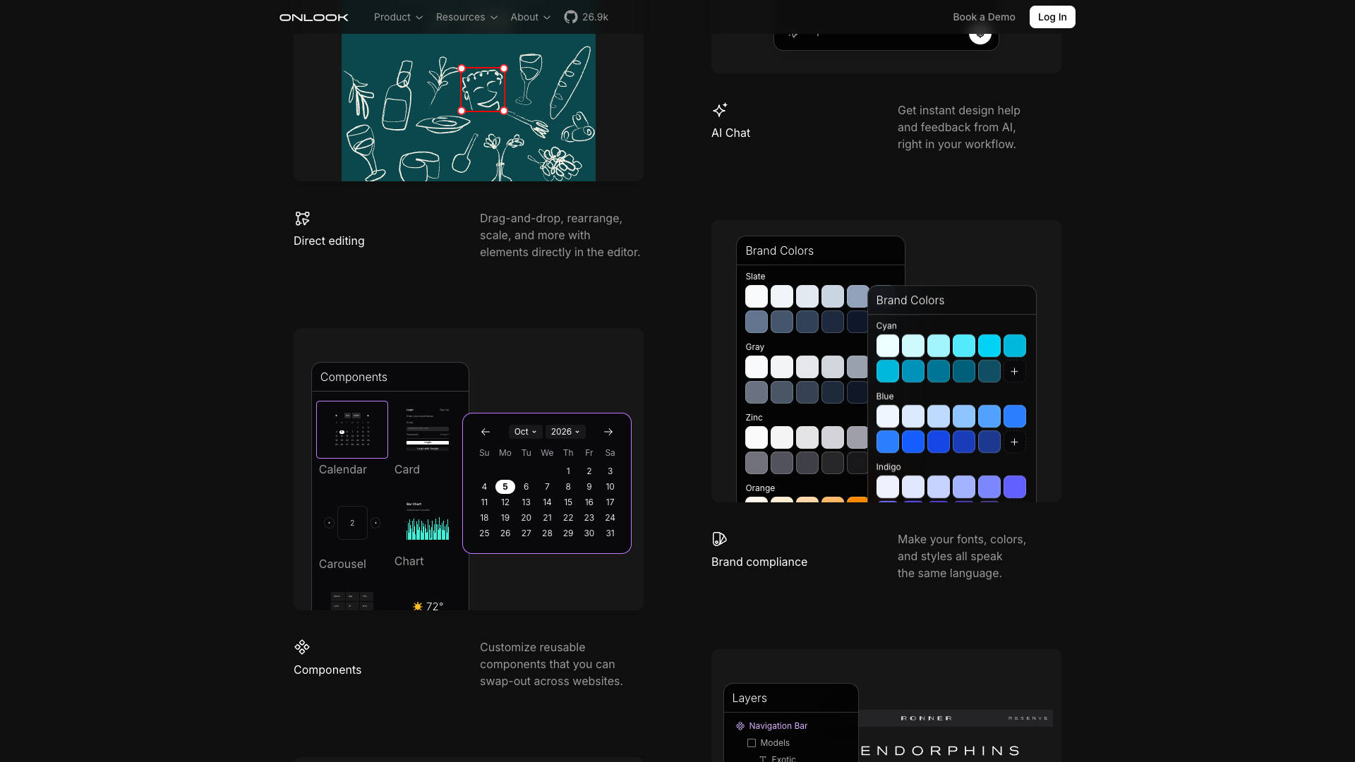 onlook.com · 功能区(Direct editing / Components / AI Chat / Brand compliance / Layers)2026-10-04