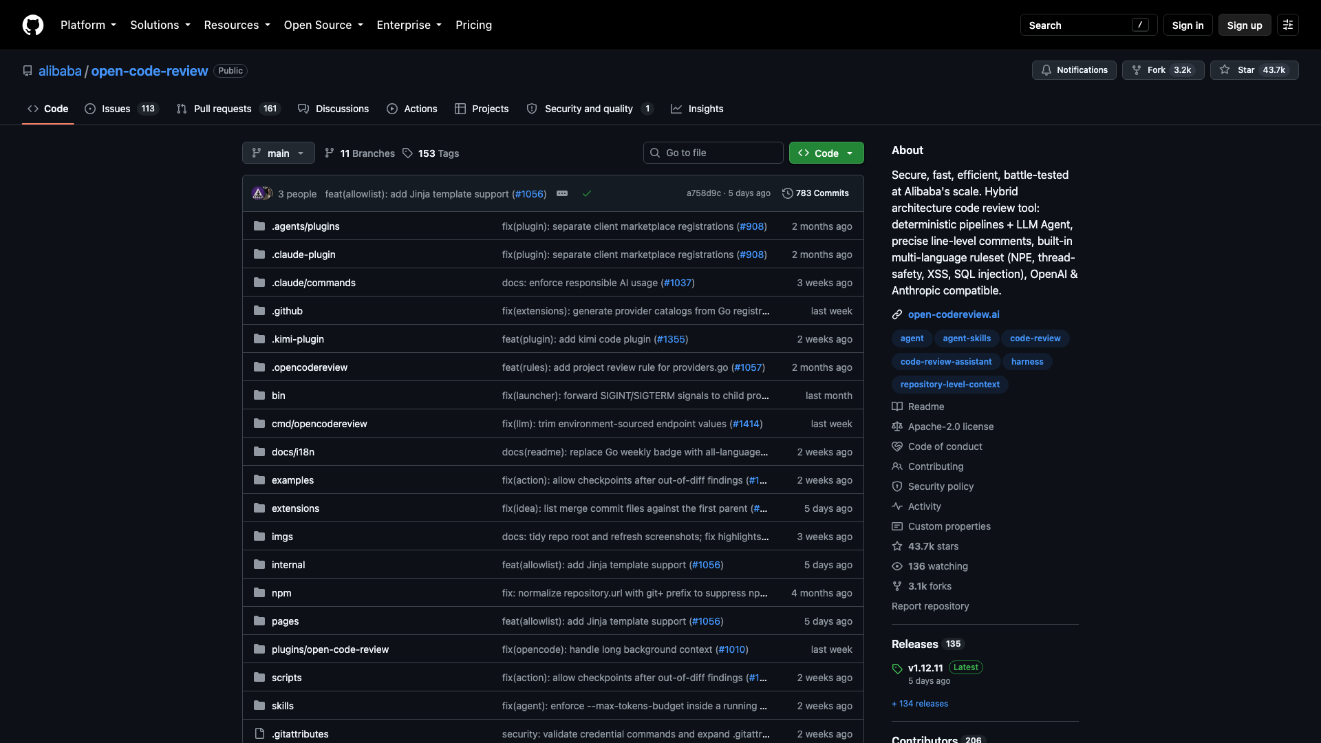 GitHub alibaba/open-code-review 仓库 43.7k stars 2026-10-05