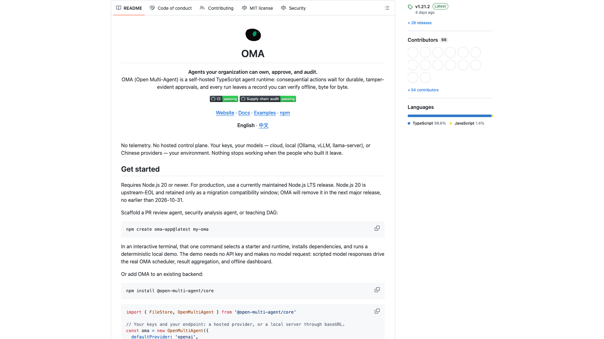 github.com/open-multi-agent · README 定位与上手 2026-10-14