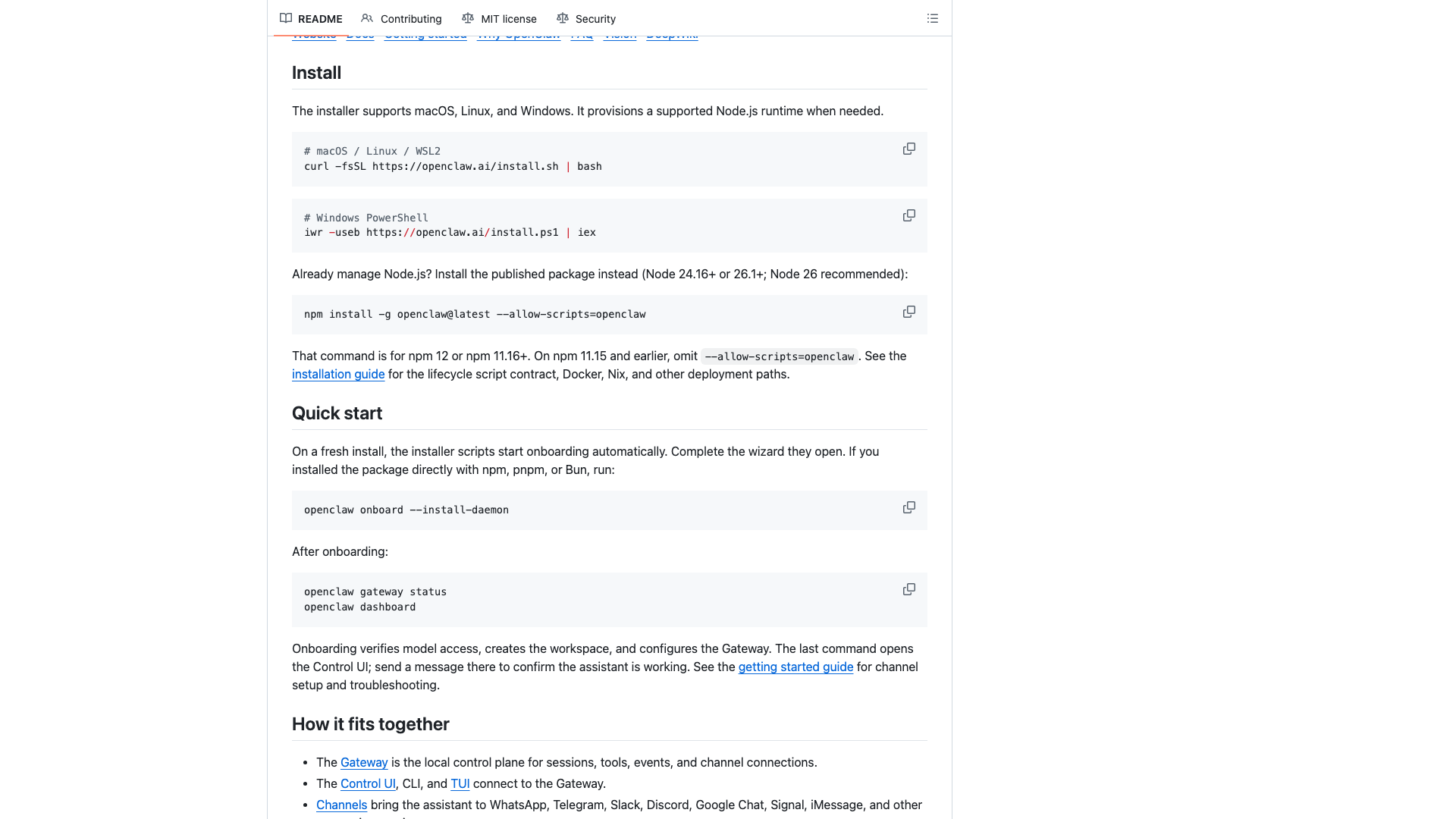 github.com/openclaw/openclaw · README Install 快速上手 2026-10-04