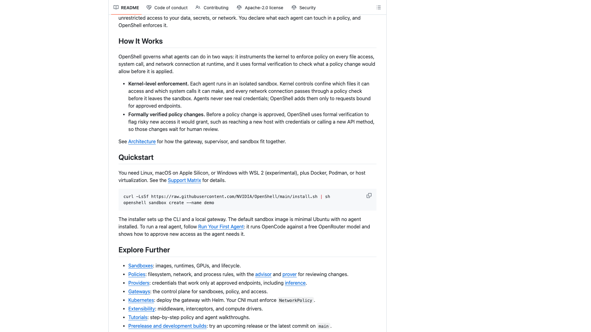 github.com/NVIDIA/OpenShell · README How It Works 与 Quickstart 区 2026-10-14