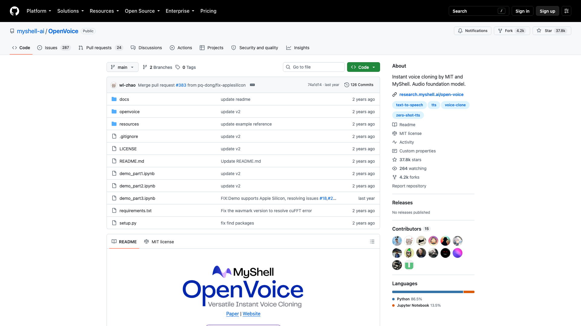 github.com · myshell-ai/OpenVoice 仓库首页快照 2026-10-04