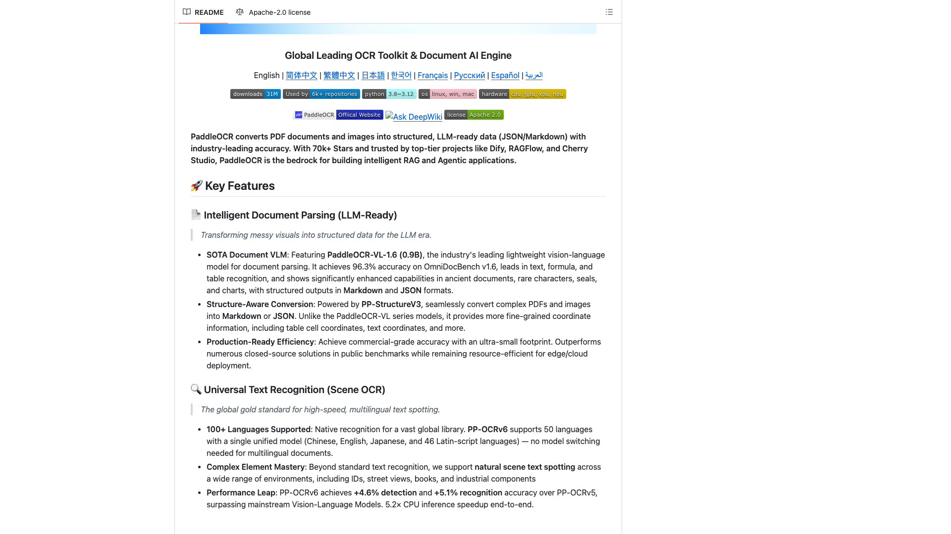 github.com/PaddlePaddle/PaddleOCR · README 简介与 Key Features 区 2026-10-04
