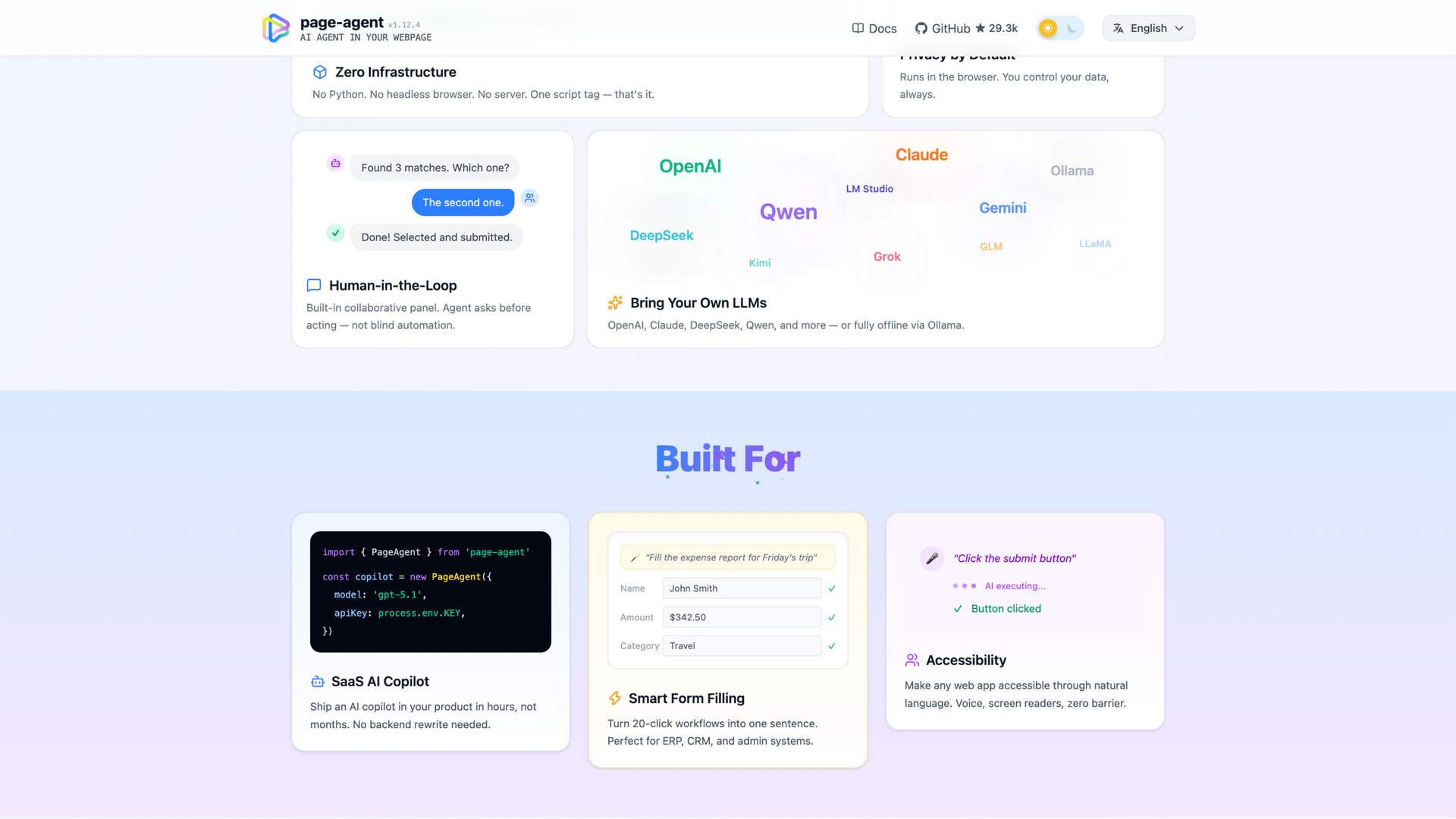 alibaba.github.io/page-agent · 特性与用例区(Zero Infrastructure 四卡 + Built For)2026-10-05