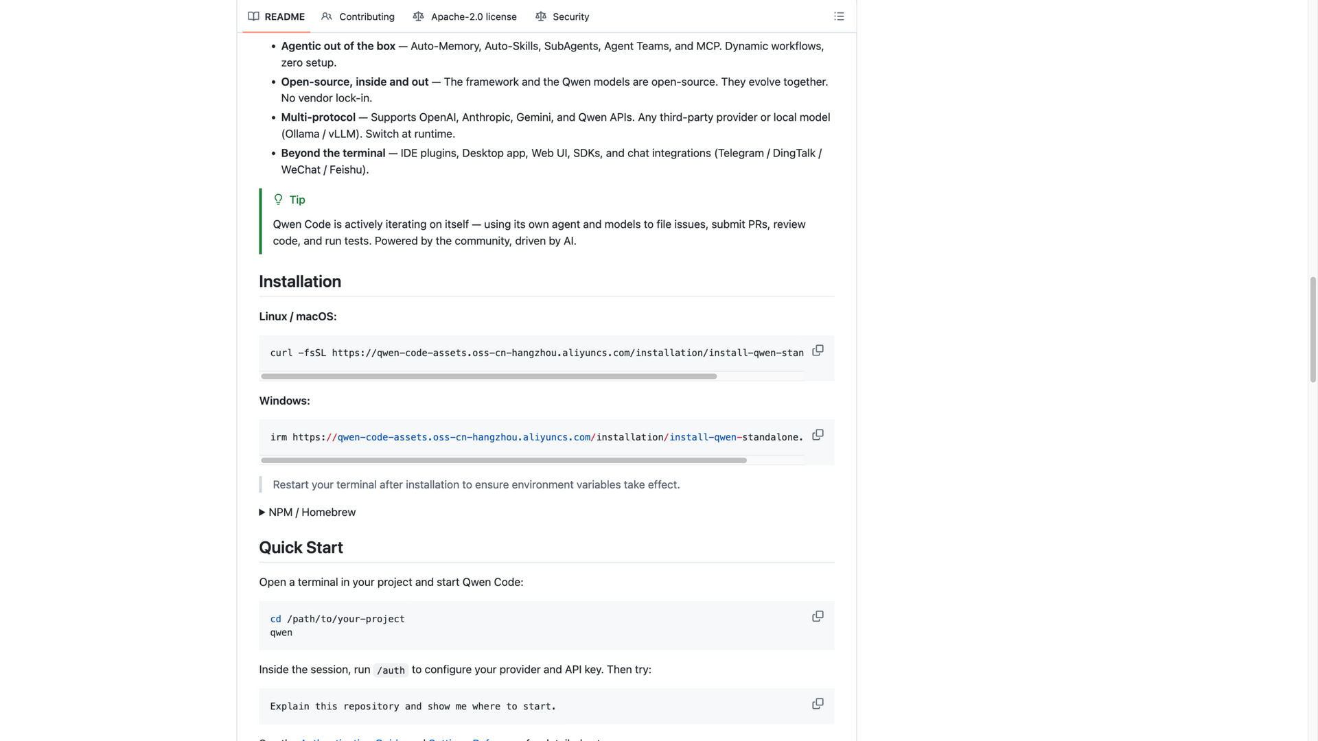 Qwen Code README · Why 要点与安装、Quick Start 2026-10-06