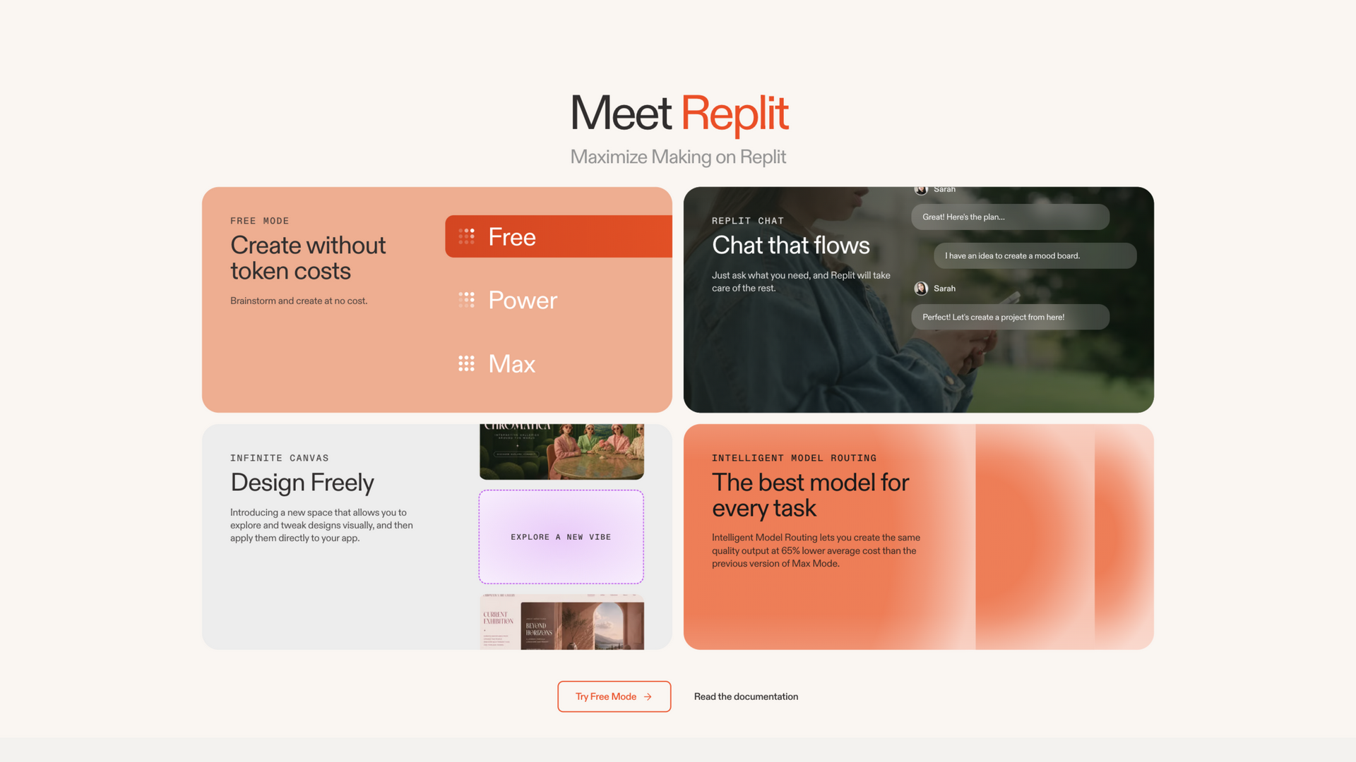 replit.com · 首页 Meet Replit 功能区(Free Mode/Chat/Canvas/模型路由)2026-10-02