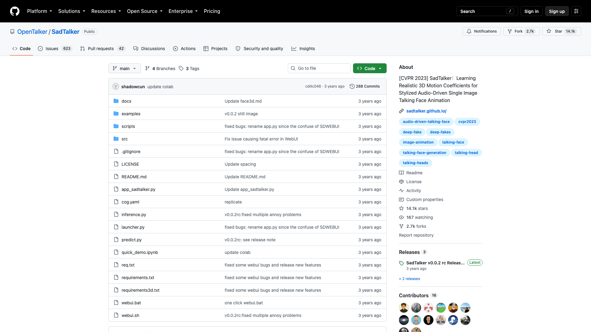 github.com/OpenTalker/SadTalker · 仓库首页快照 2026-10-04