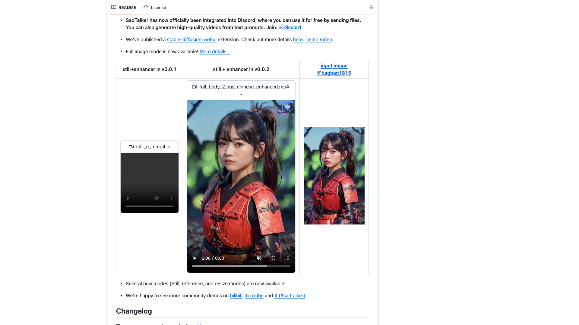 github.com/OpenTalker/SadTalker · README Highlights 与演示视频区 2026-10-04