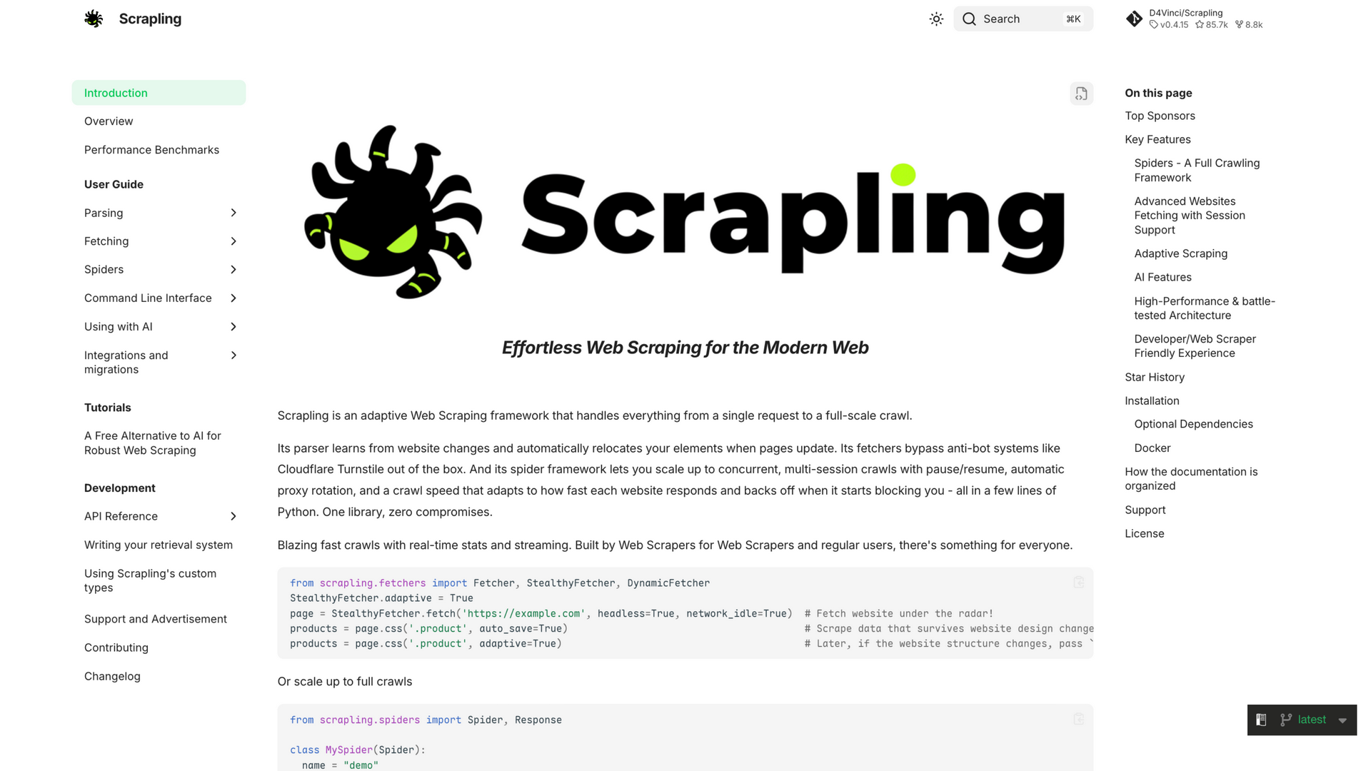 scrapling.readthedocs.io · 首页快照 2026-10-05