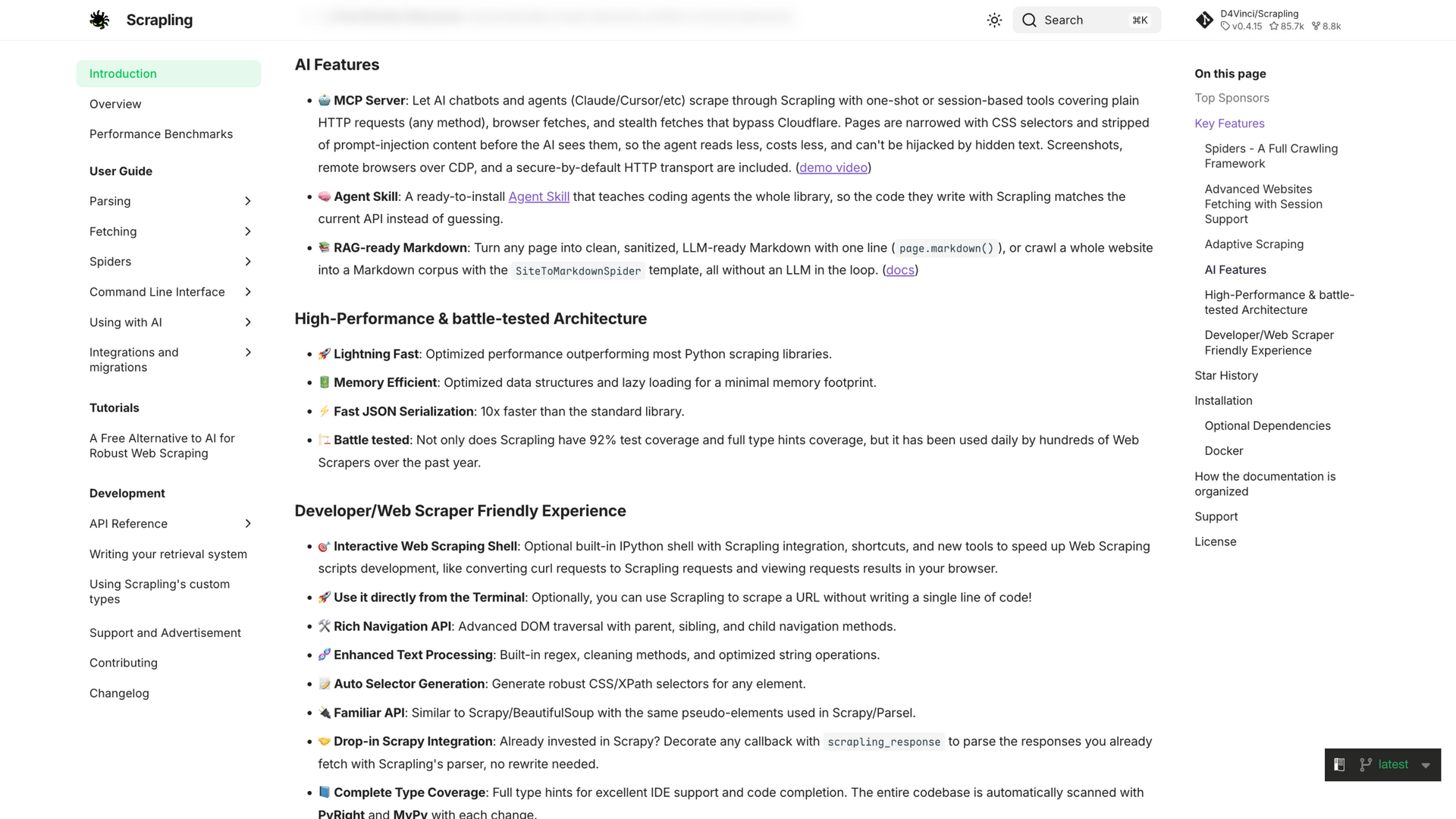 scrapling.readthedocs.io · AI Features 与性能/开发者体验区 2026-10-05