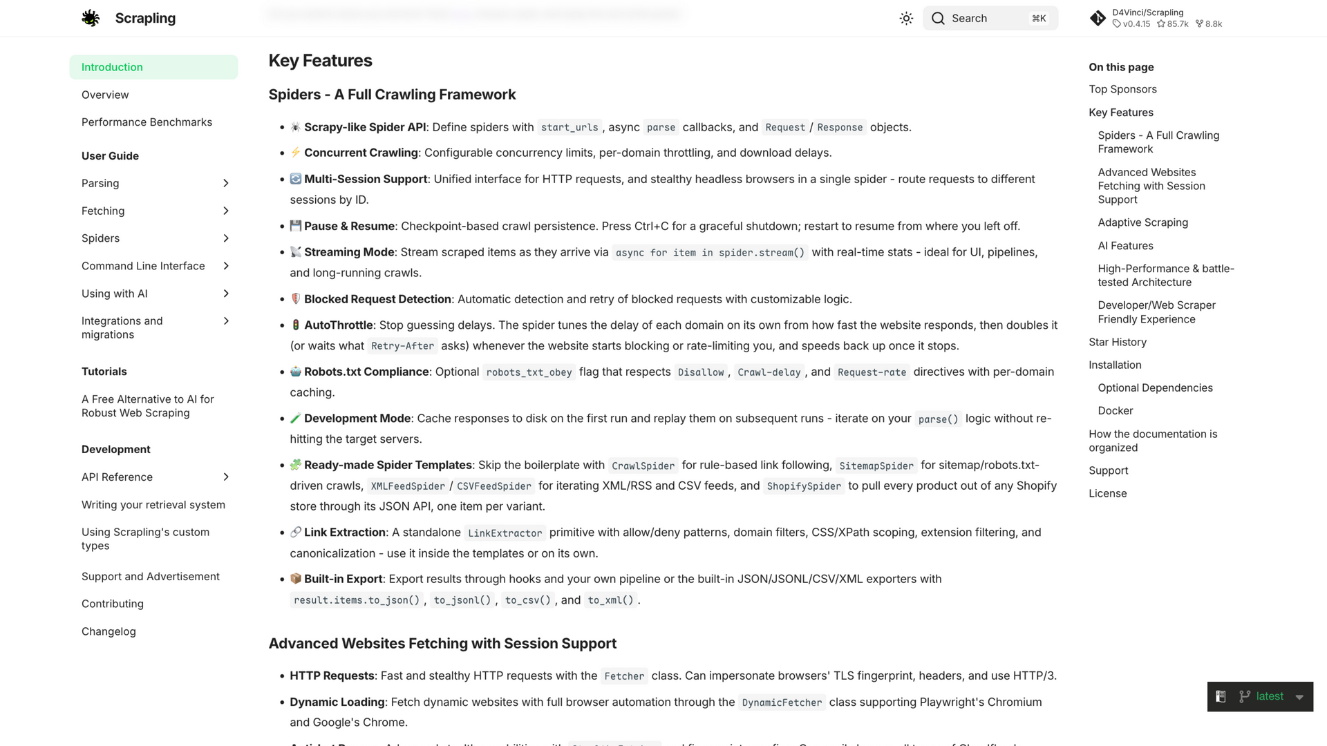 scrapling.readthedocs.io · Key Features(Spiders 爬虫框架)2026-10-05