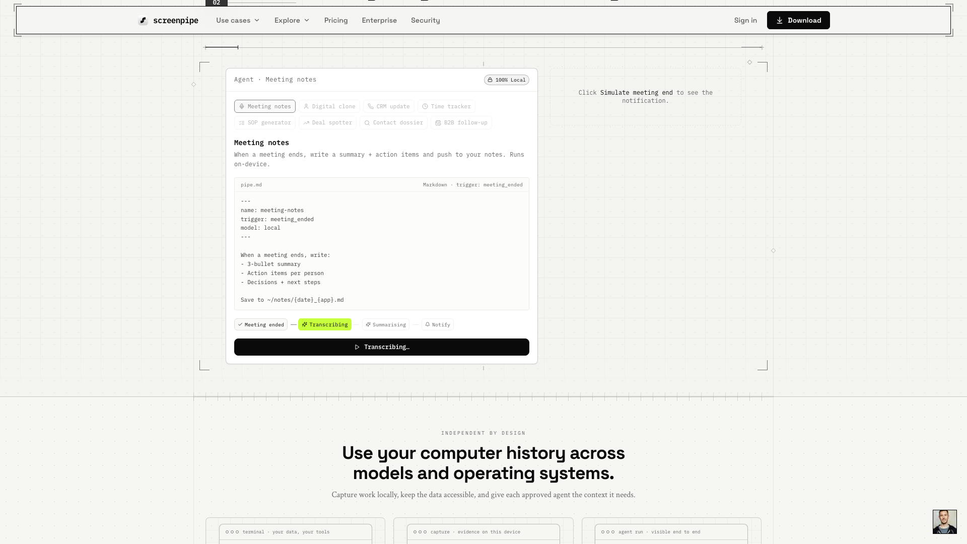 screenpipe.com · Agent 模板区(八类模板与 100% Local 徽章)2026-10-05