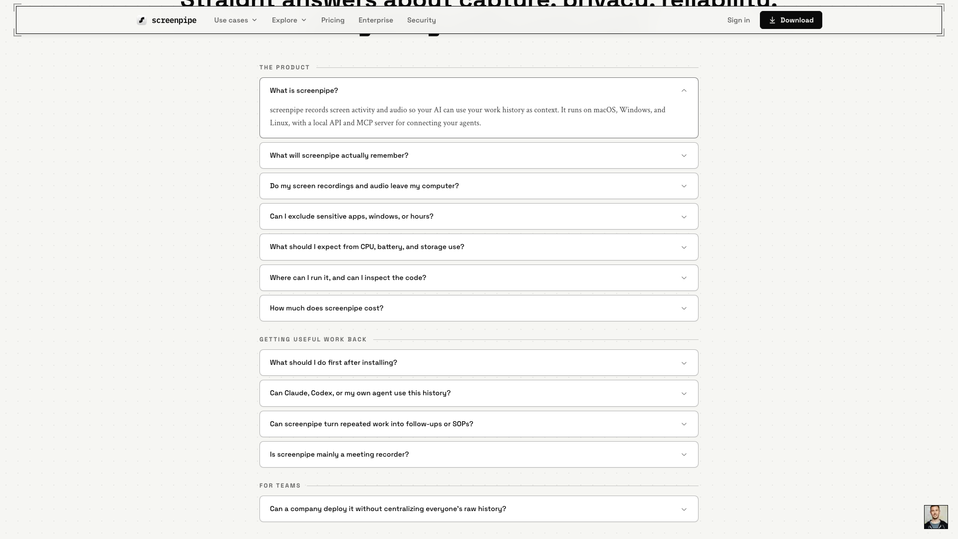 screenpipe.com · FAQ 区(What is screenpipe 展开与隐私问答)2026-10-05