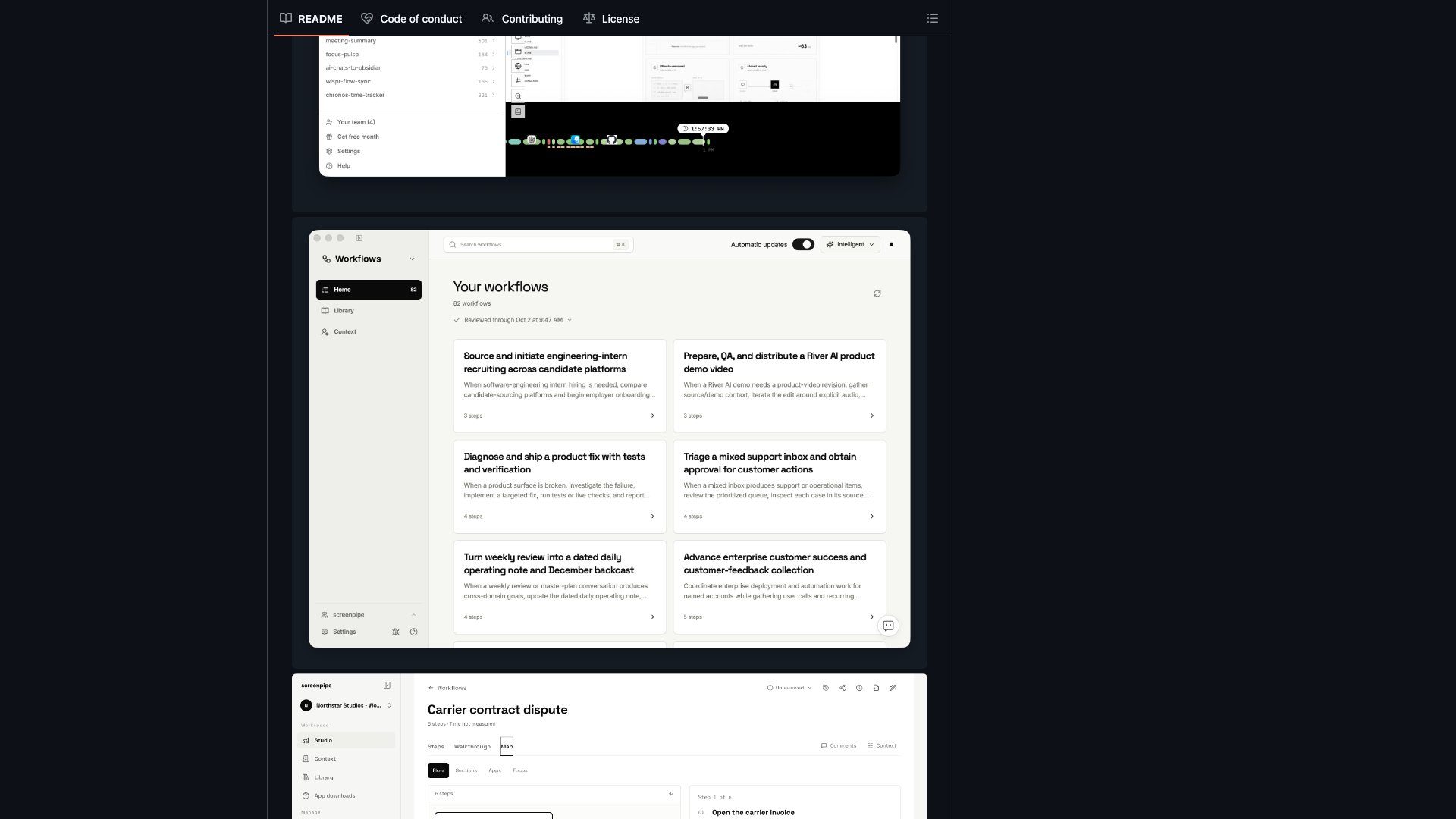 桌面应用 Workflows 界面(README 内嵌截图,82 个工作流)2026-10-05