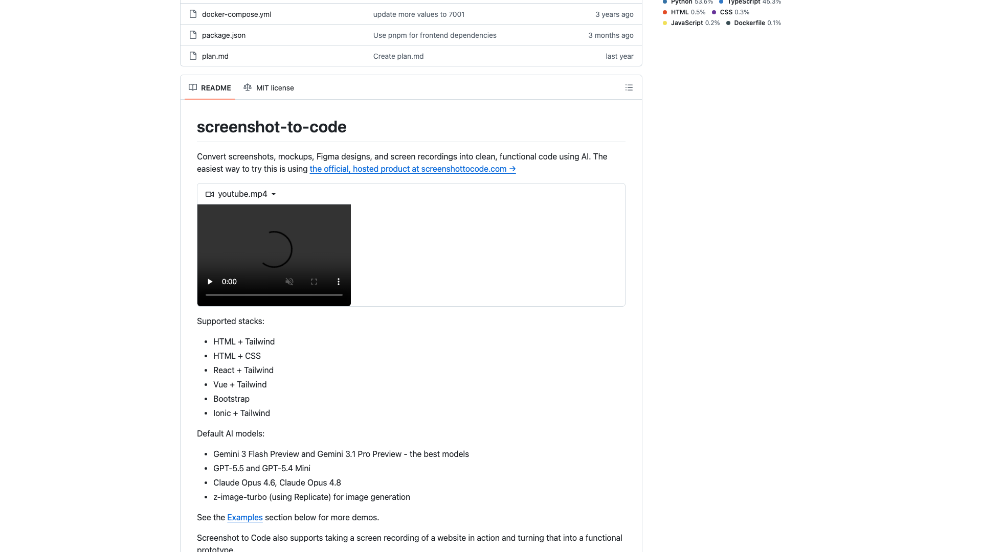 github.com/abi/screenshot-to-code · README 简介与支持栈、默认模型功能区 2026-10-04