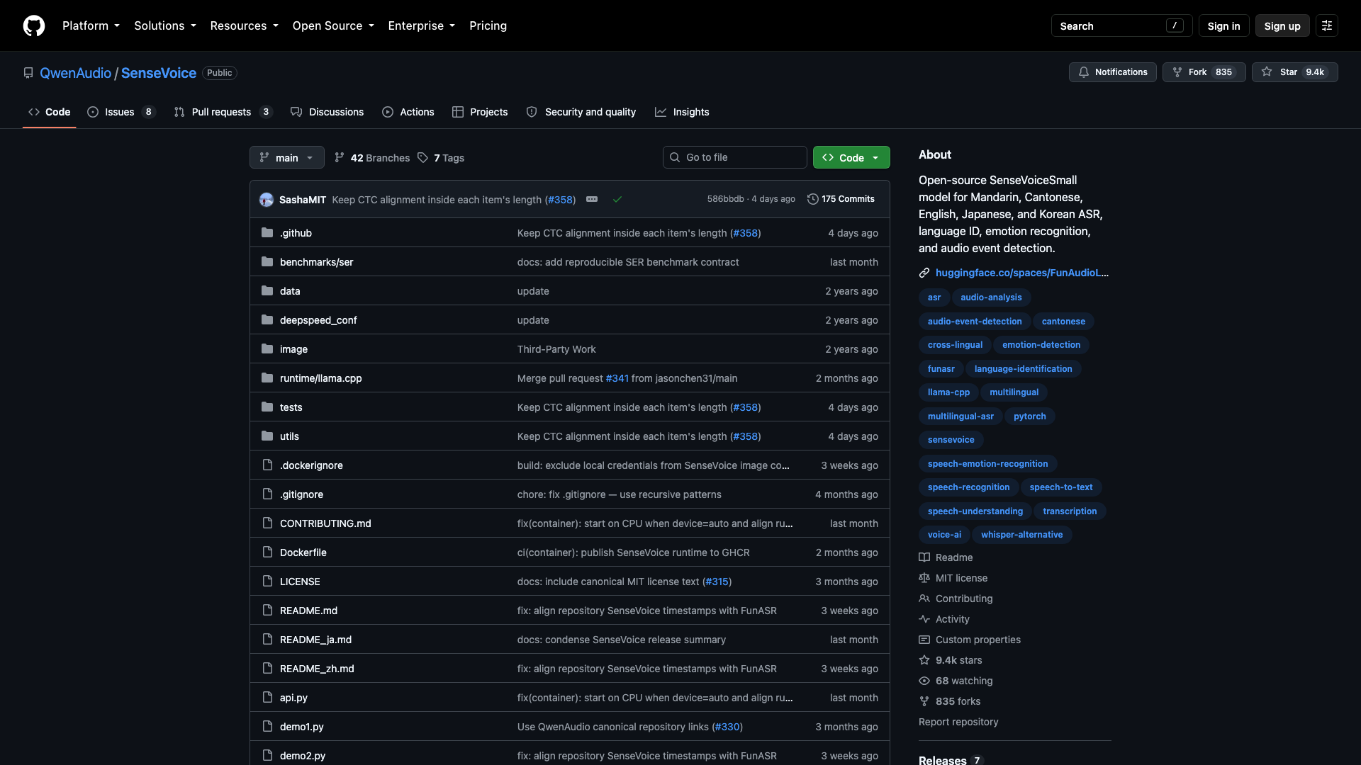 github.com · QwenAudio/SenseVoice 仓库首页快照 2026-10-05