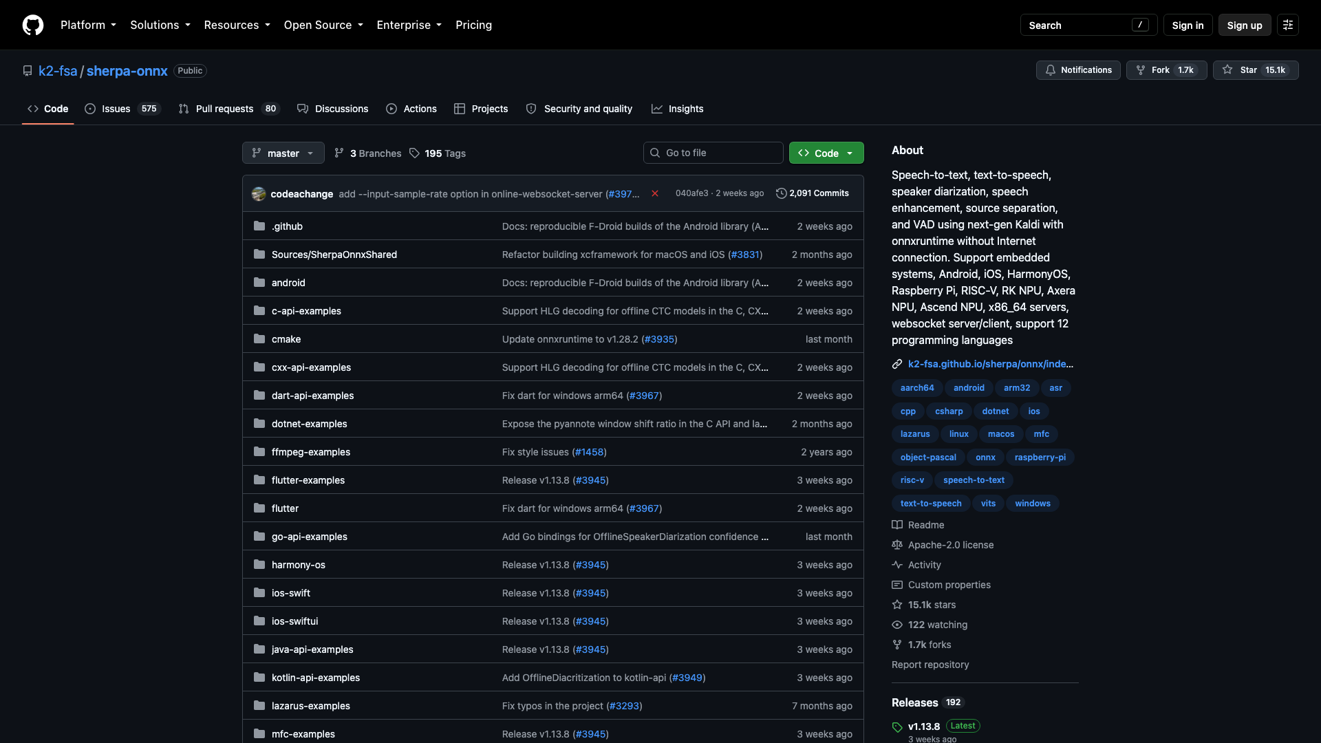 github.com · k2-fsa/sherpa-onnx 仓库页 2026-10-05