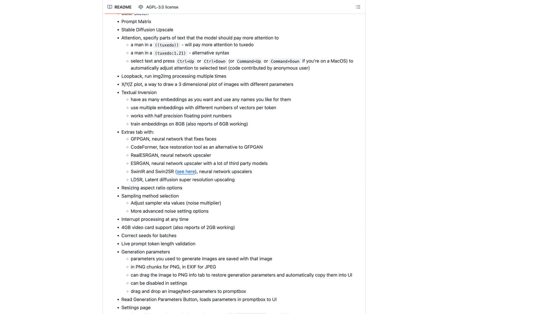 github.com/AUTOMATIC1111/stable-diffusion-webui · README Features 功能清单区 2026-10-05