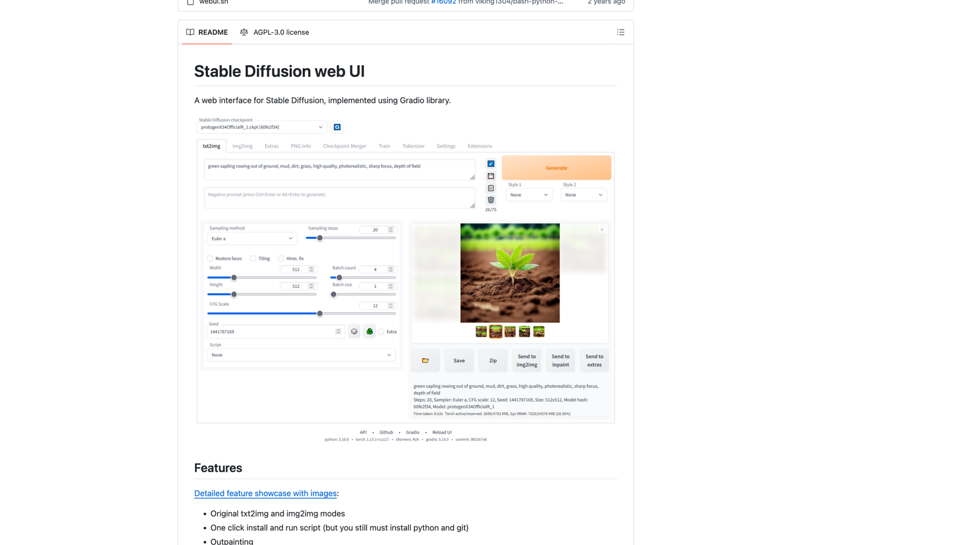 github.com/AUTOMATIC1111/stable-diffusion-webui · README 定位句与 txt2img 界面 2026-10-05