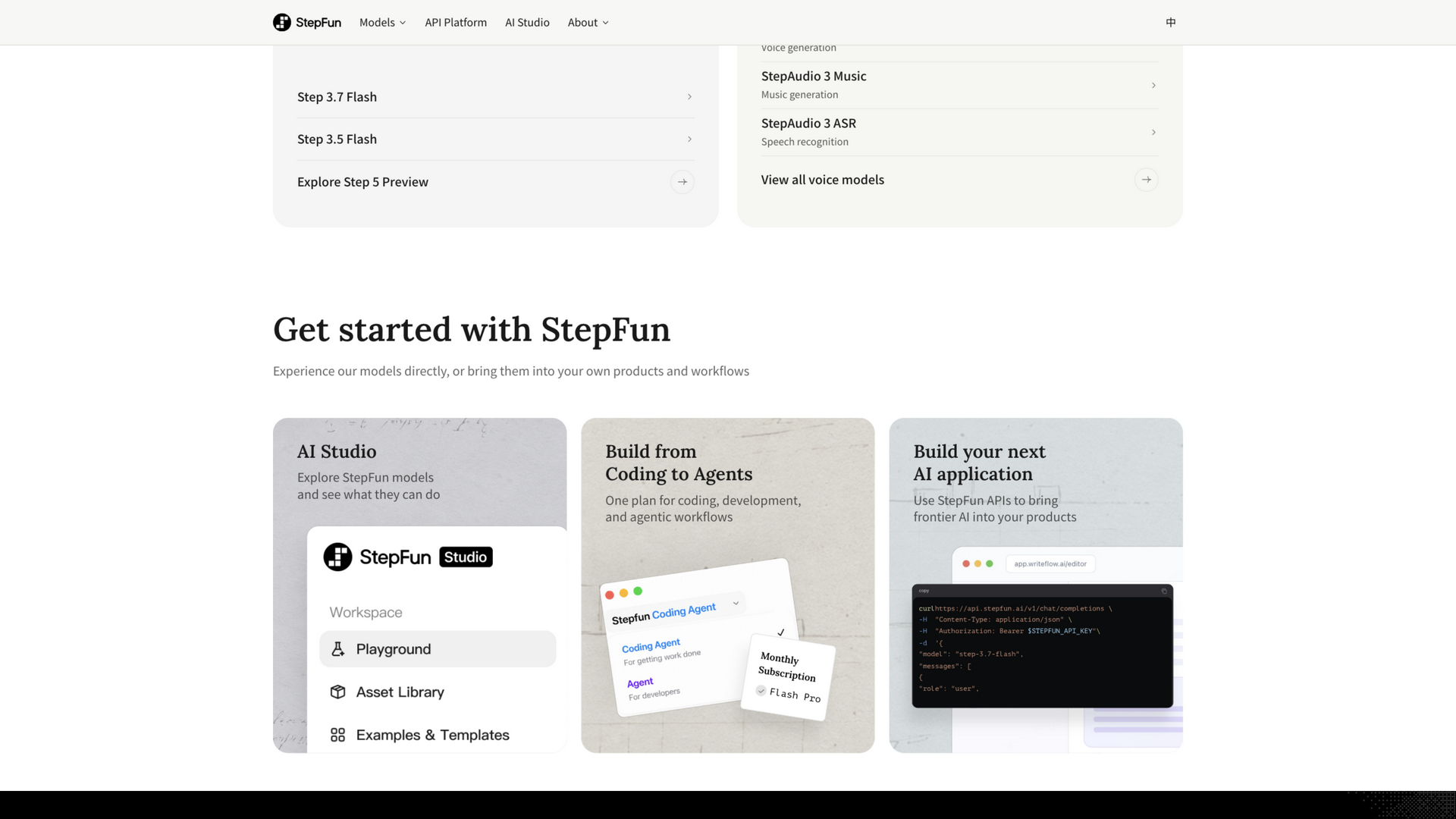 stepfun.com · 首页 Get started 入口区(AI Studio、Step Plan、API)2026-10-02