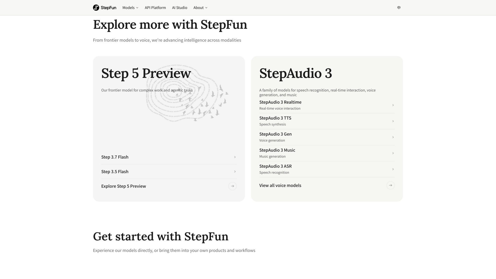 stepfun.com · 首页模型家族区(Step 5 与 StepAudio 3 系列)2026-10-02