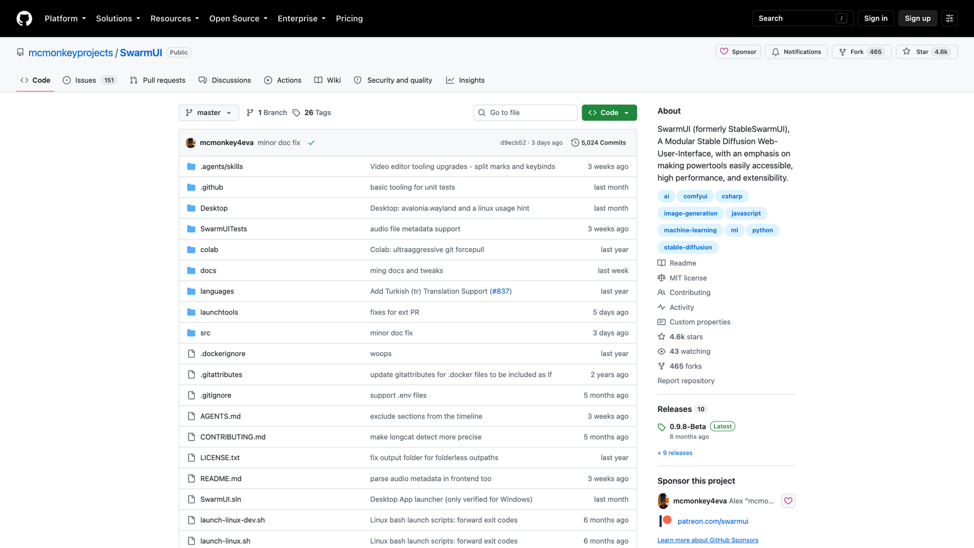 github.com/mcmonkeyprojects/SwarmUI · 仓库页 2026-10-05