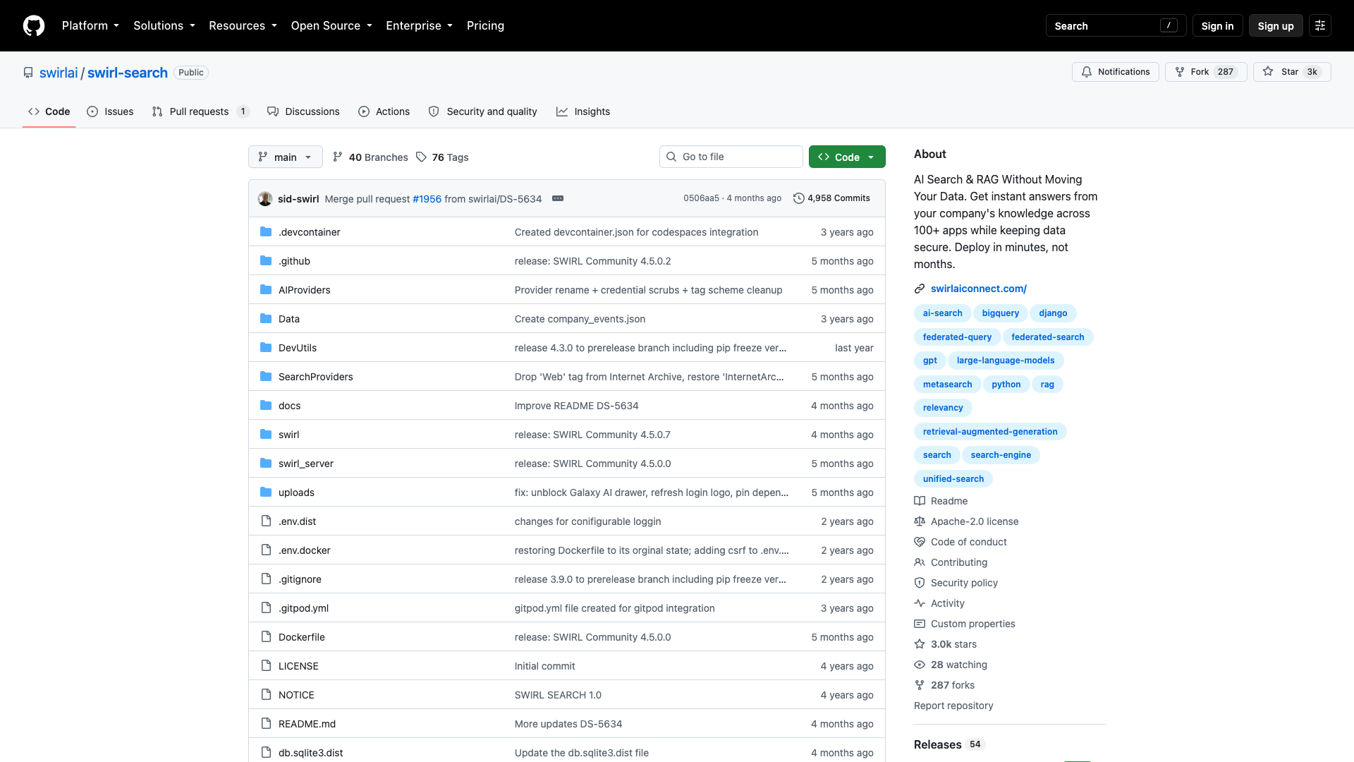 github.com/swirlai/swirl-search · 仓库页 2026-10-05